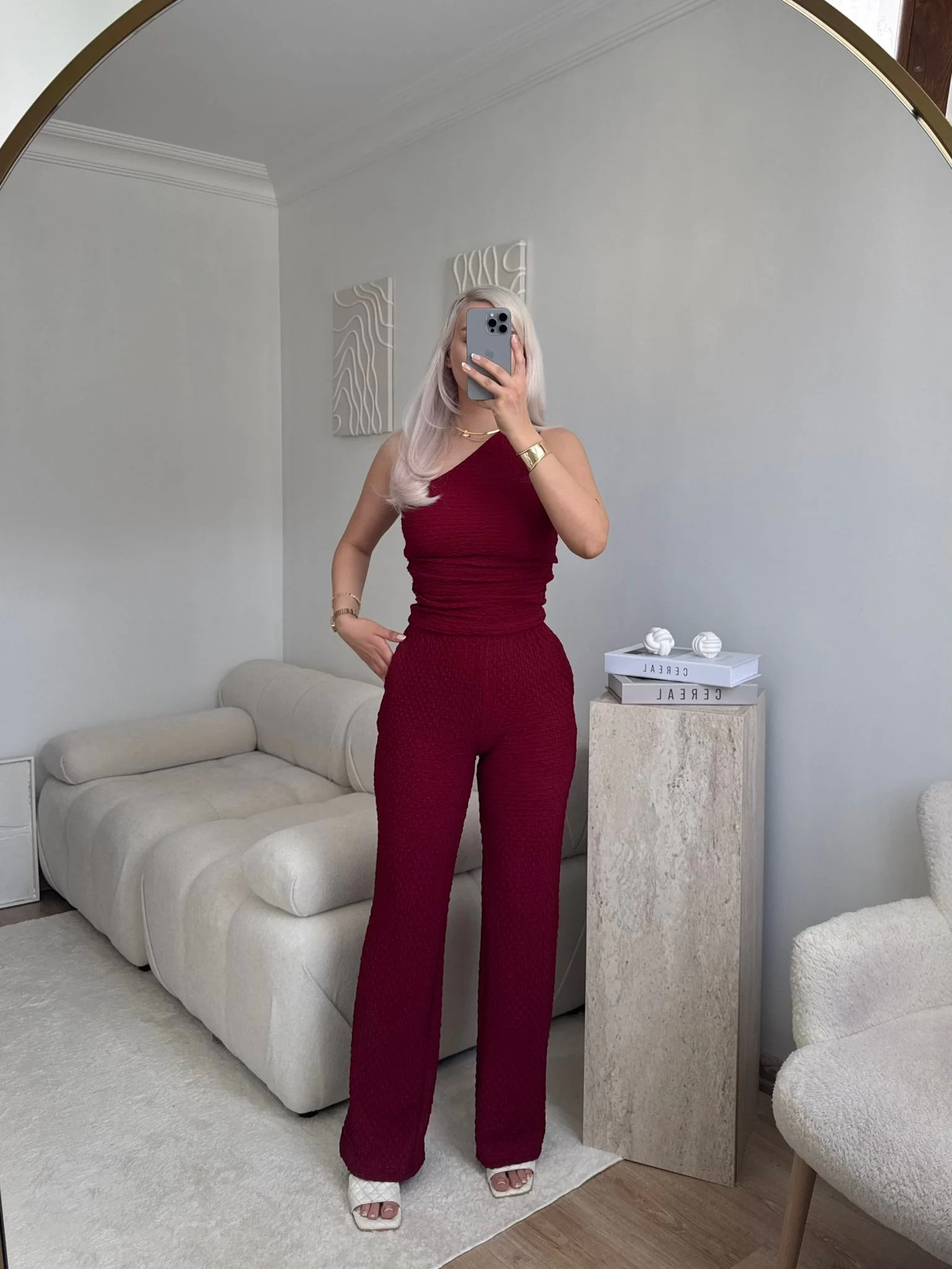 Tek Omuz Crop & Pantolon Takım - BORDO