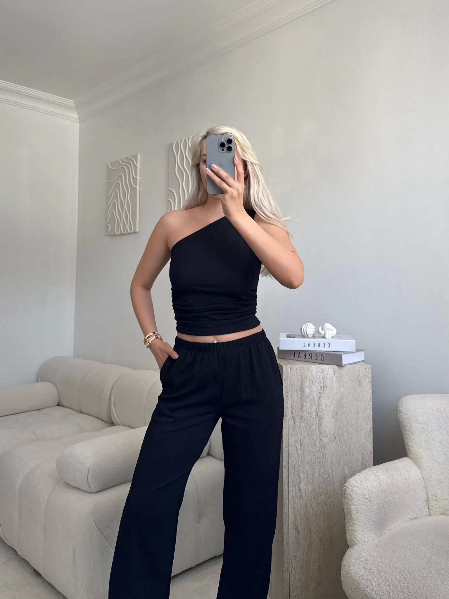 Tek Omuz Crop & Pantolon Takım - SİYAH