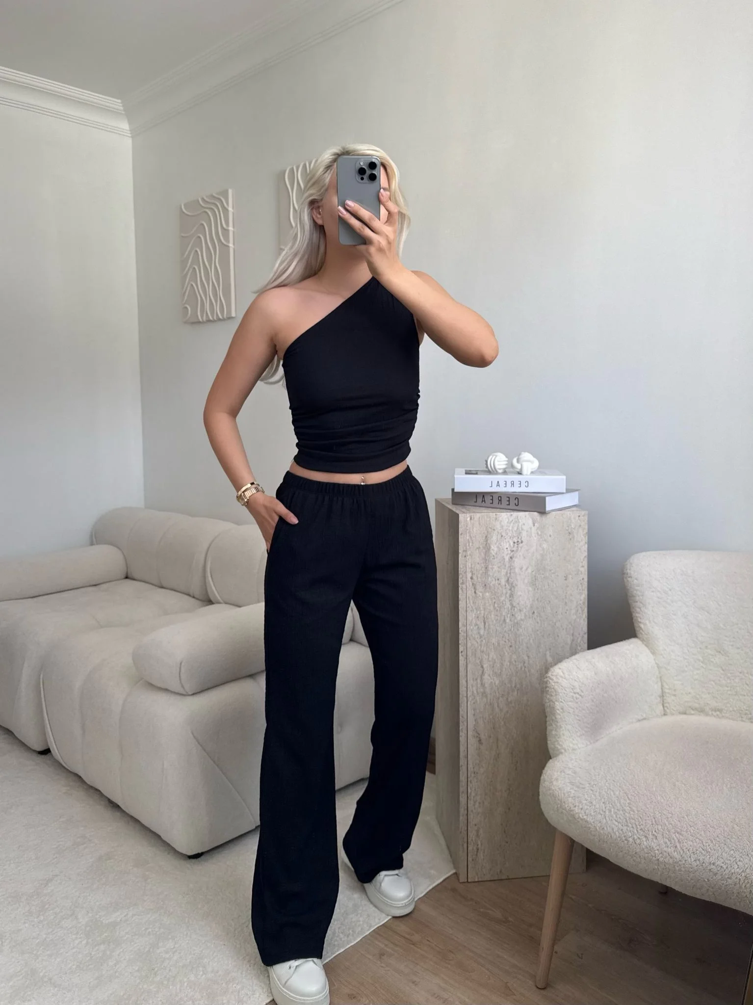 Tek Omuz Crop & Pantolon Takım - SİYAH