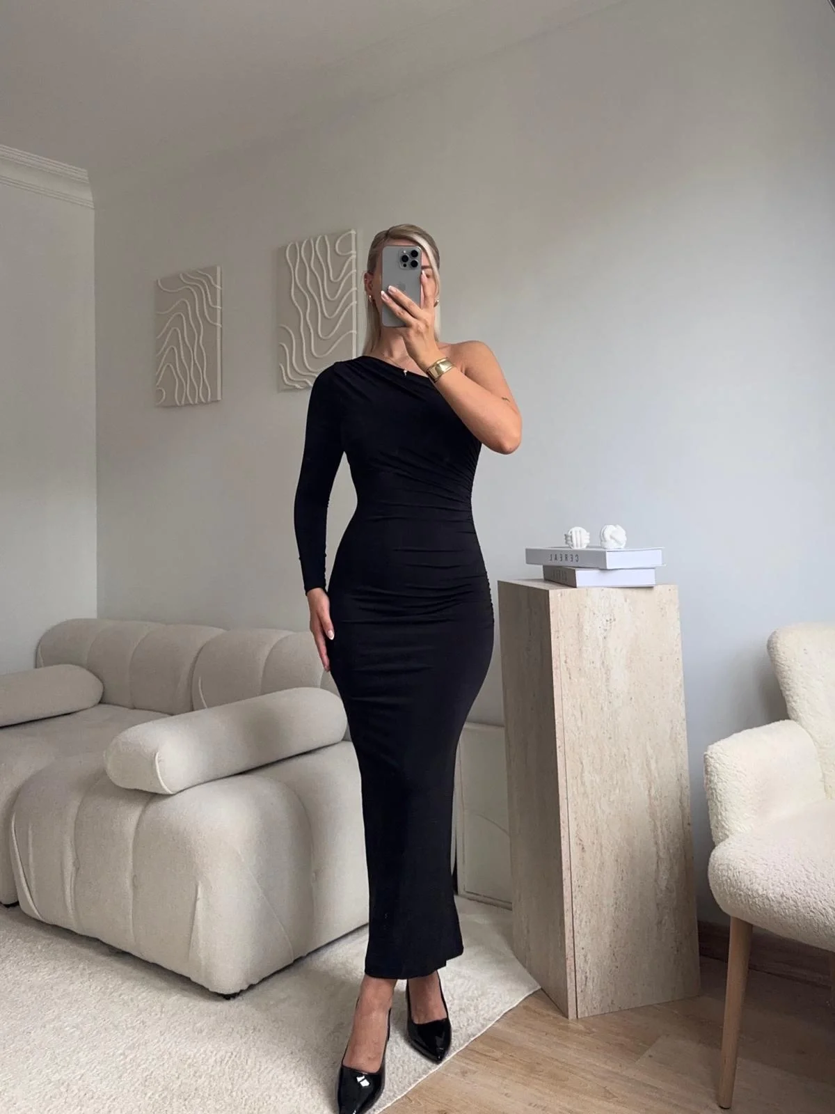 Tek Omuz Drapeli Elbise - SİYAH