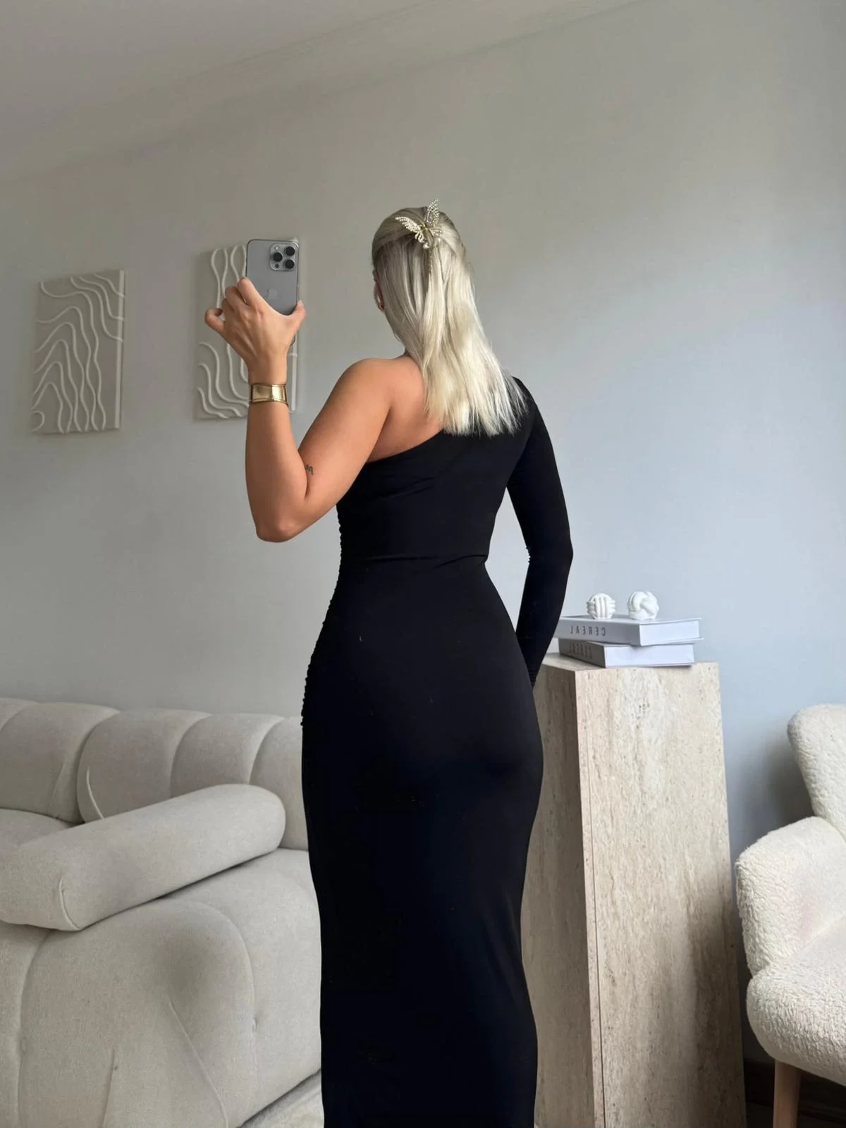 Tek Omuz Drapeli Elbise - SİYAH