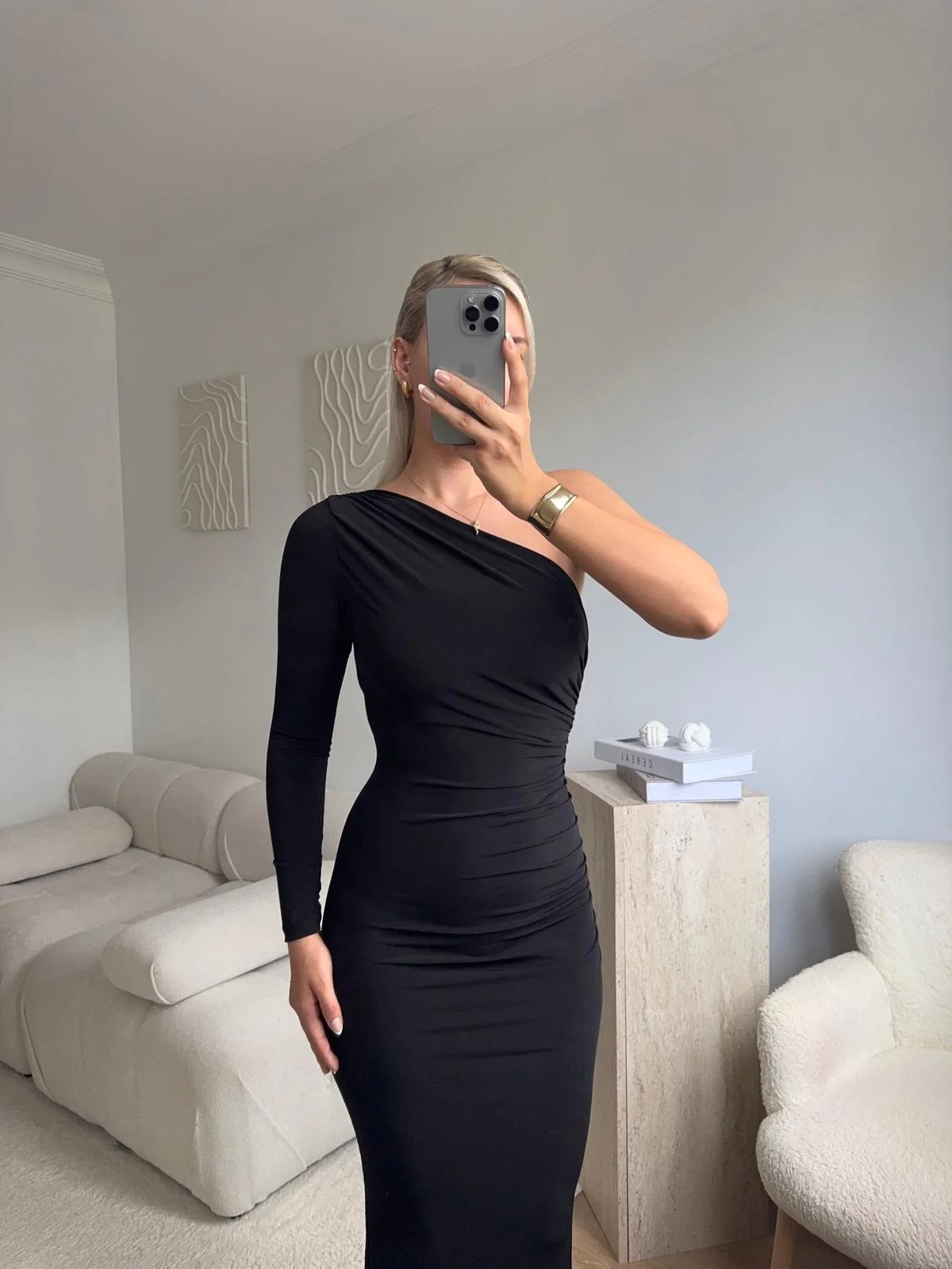 Tek Omuz Drapeli Elbise - SİYAH