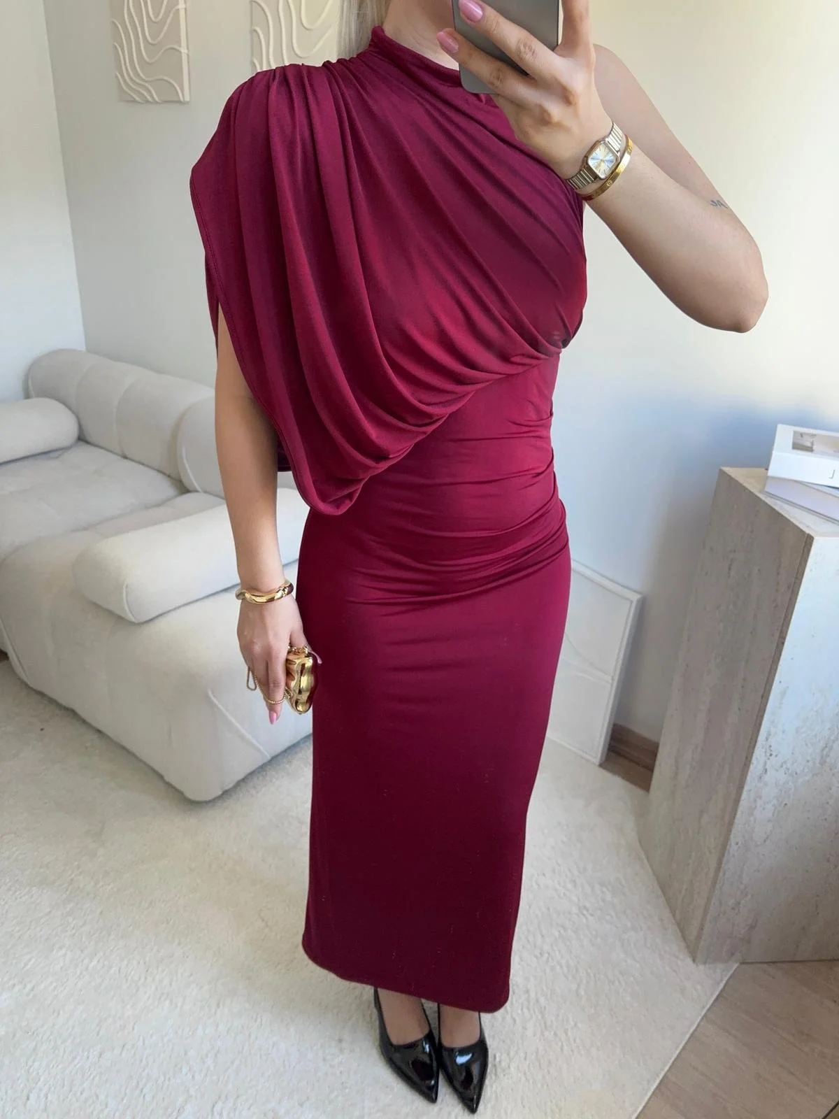 Tek Omuz Drapeli Vücuda Oturan Midi Elbise - BORDO