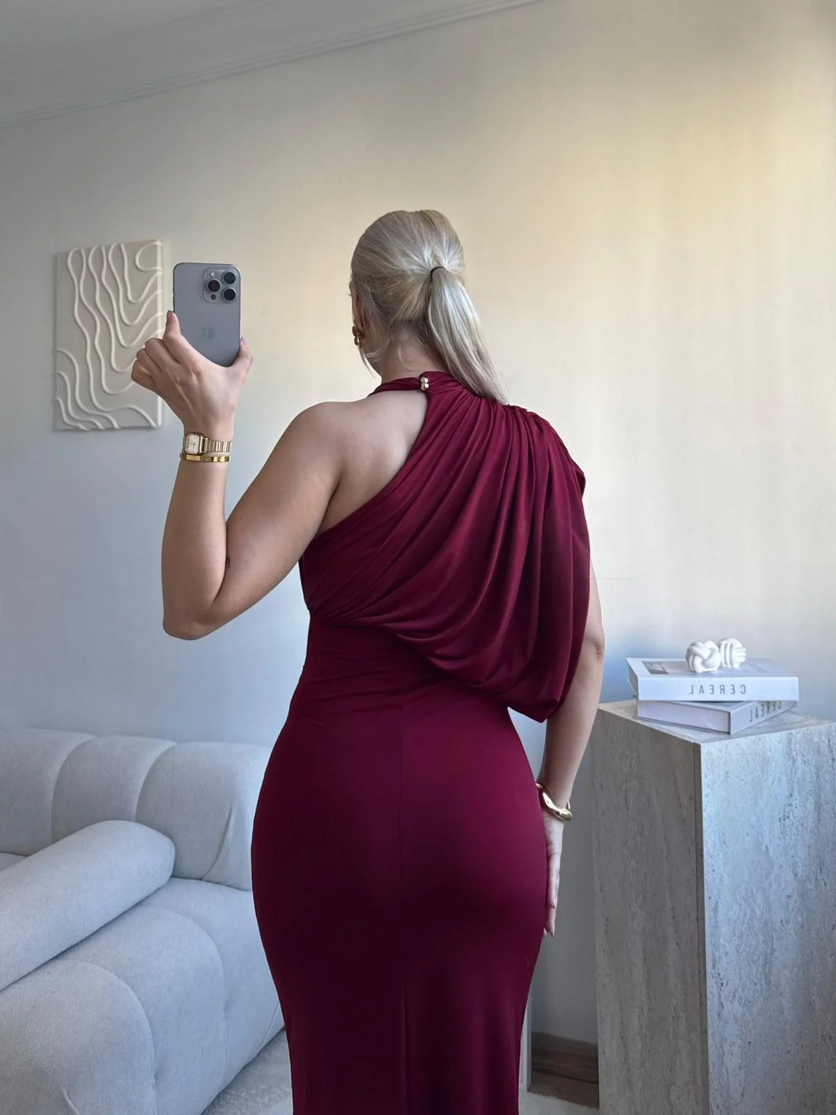 Tek Omuz Drapeli Vücuda Oturan Midi Elbise - BORDO