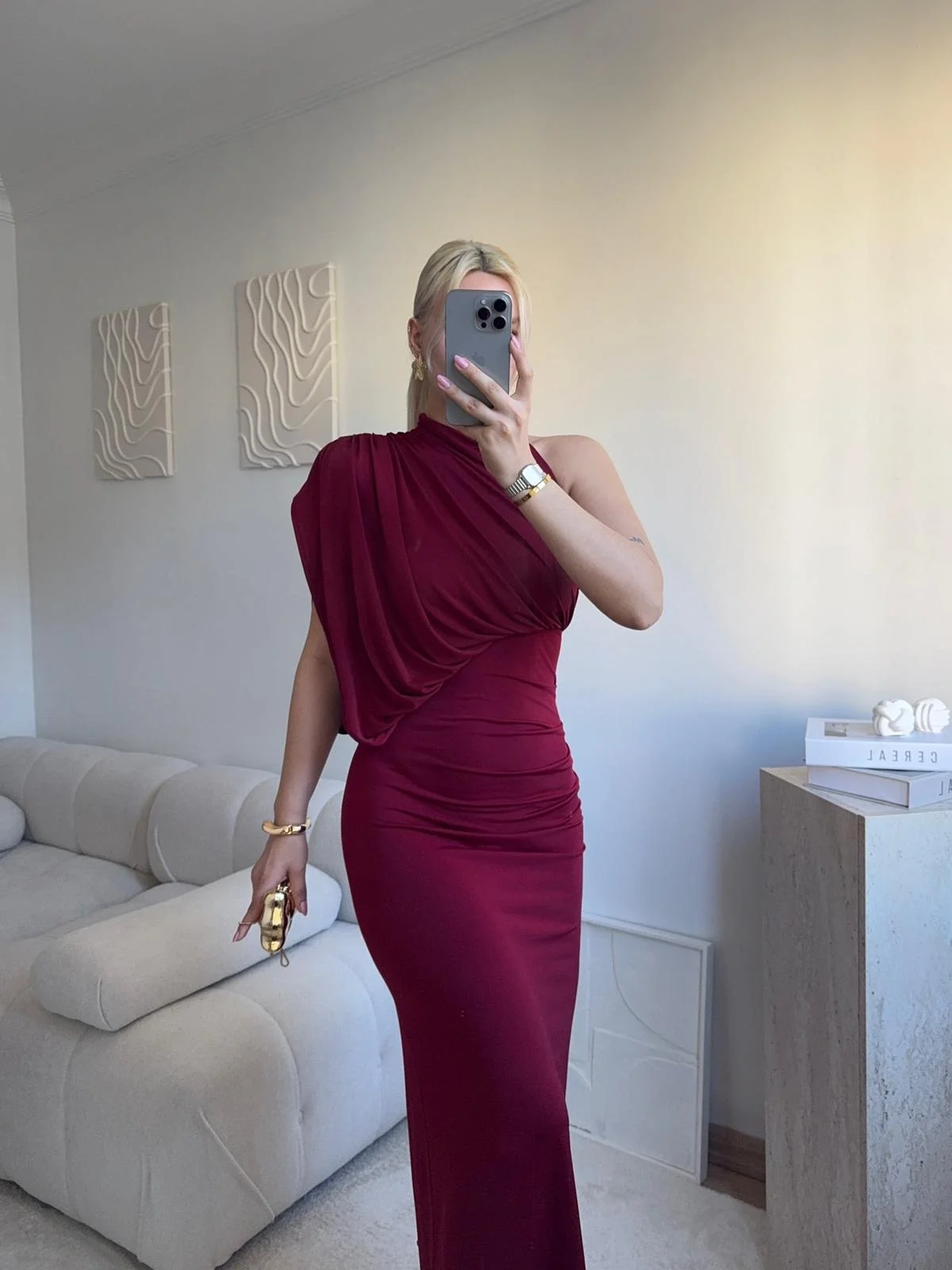 Tek Omuz Drapeli Vücuda Oturan Midi Elbise - BORDO