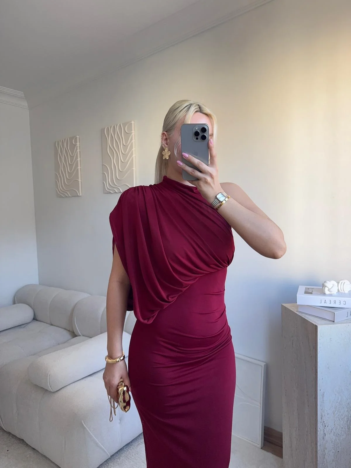 Tek Omuz Drapeli Vücuda Oturan Midi Elbise - BORDO