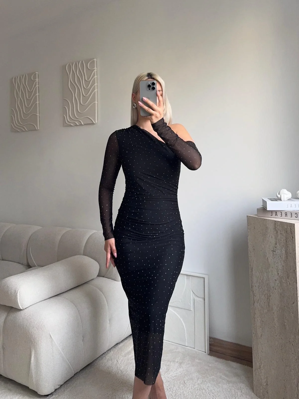 Tek Omuz Kol Tül Taşlı Elbise - SİYAH