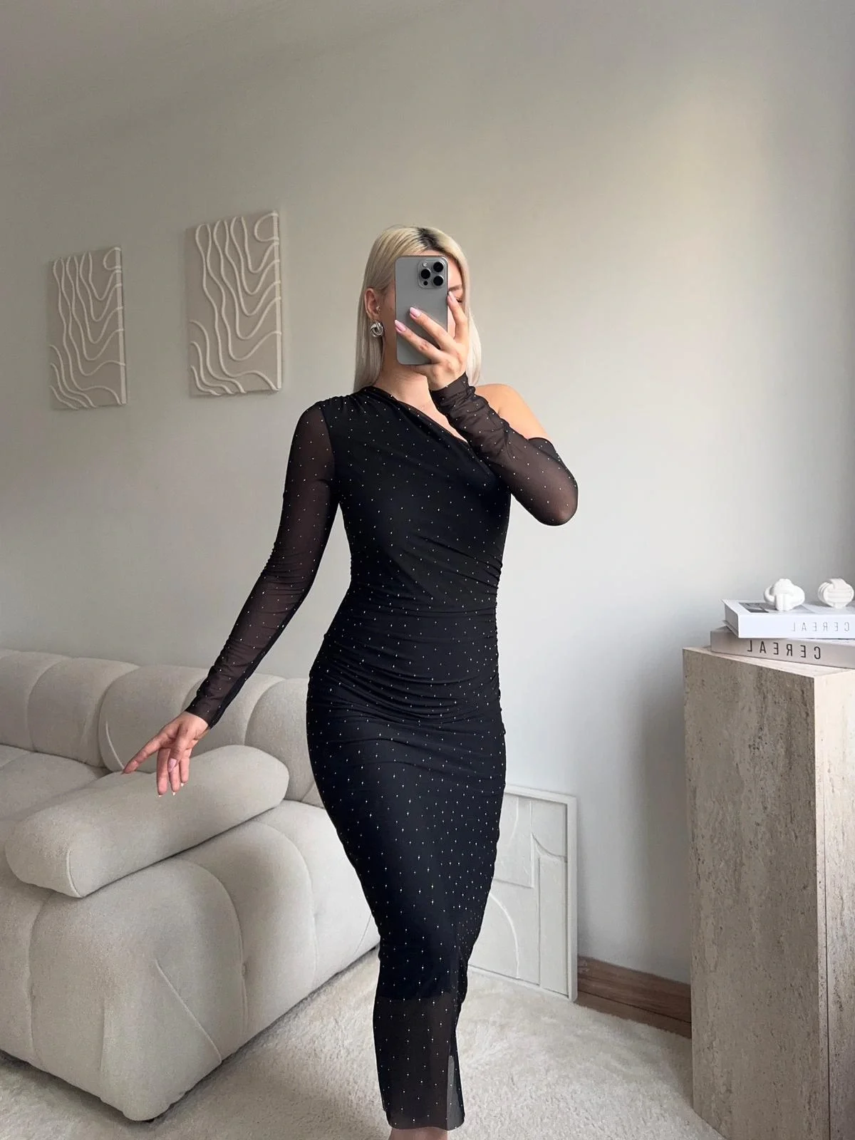 Tek Omuz Kol Tül Taşlı Elbise - SİYAH