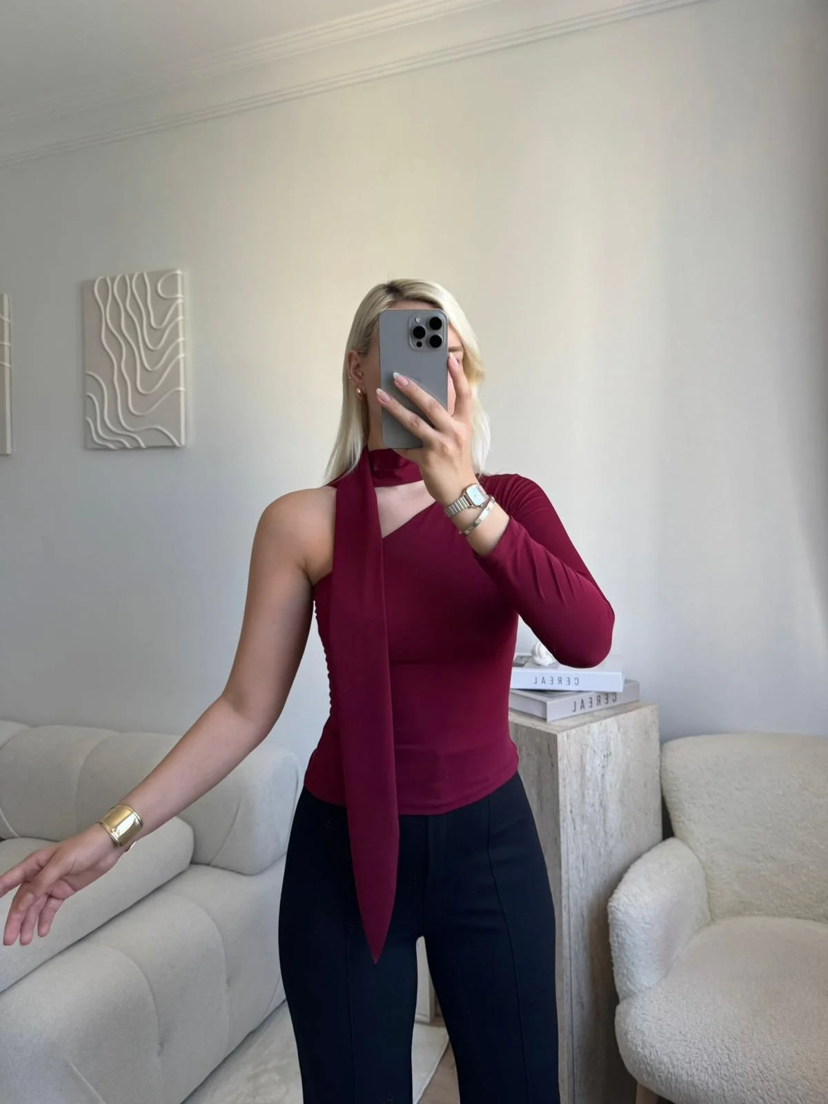 Tek Omuz Şal Detaylı Bluz - BORDO