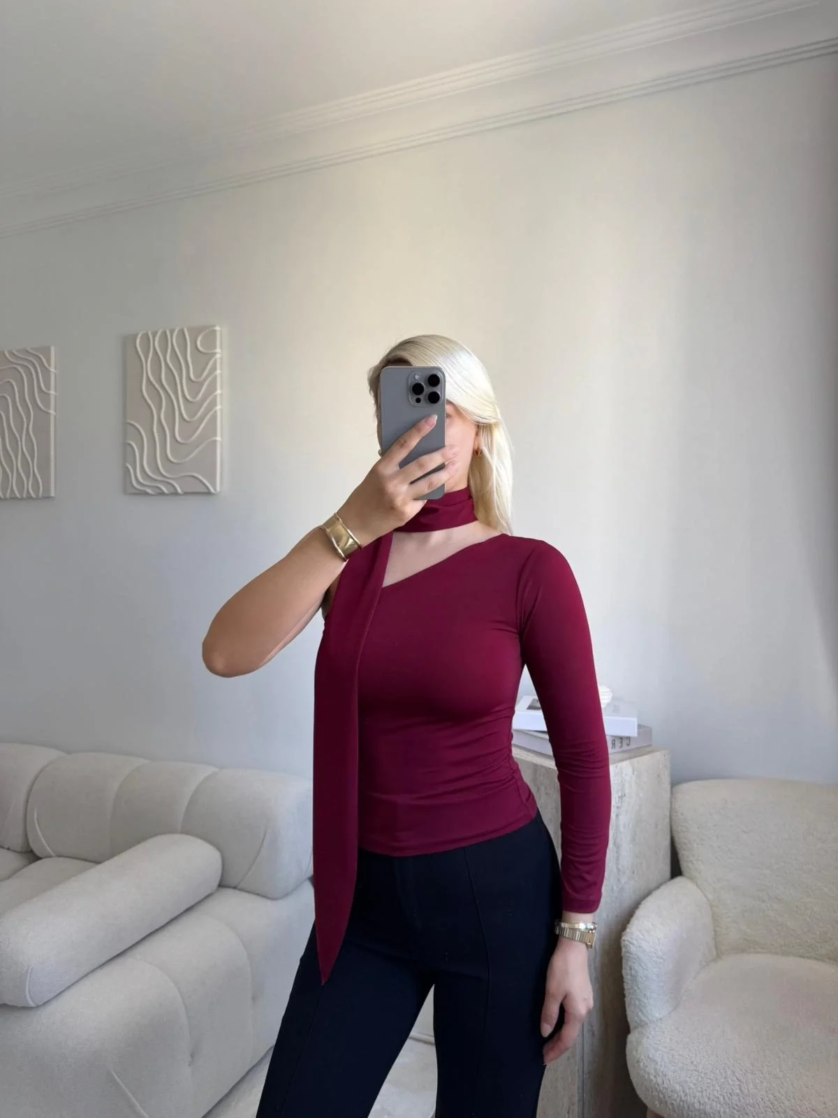 Tek Omuz Şal Detaylı Bluz - BORDO