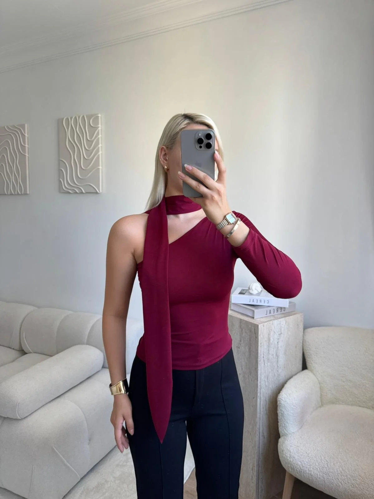 Tek Omuz Şal Detaylı Bluz - BORDO