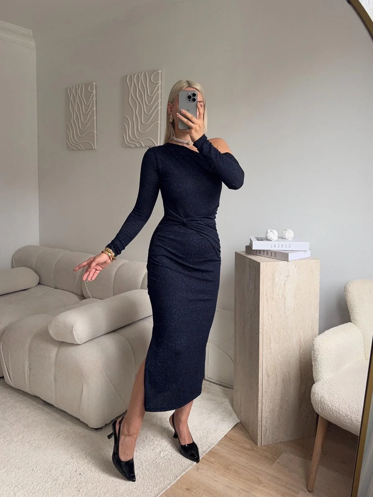 Tek Omuz Simli Drapeli Elbise- LACİVERT