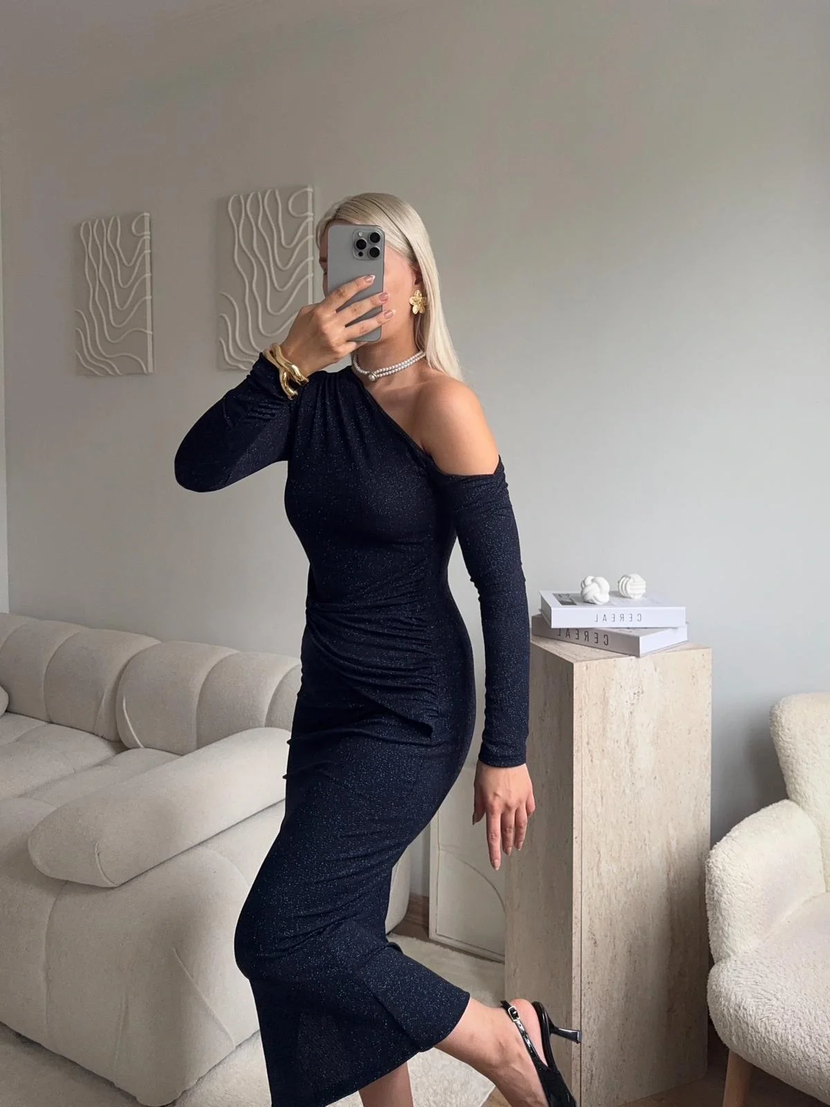 Tek Omuz Simli Drapeli Elbise- LACİVERT