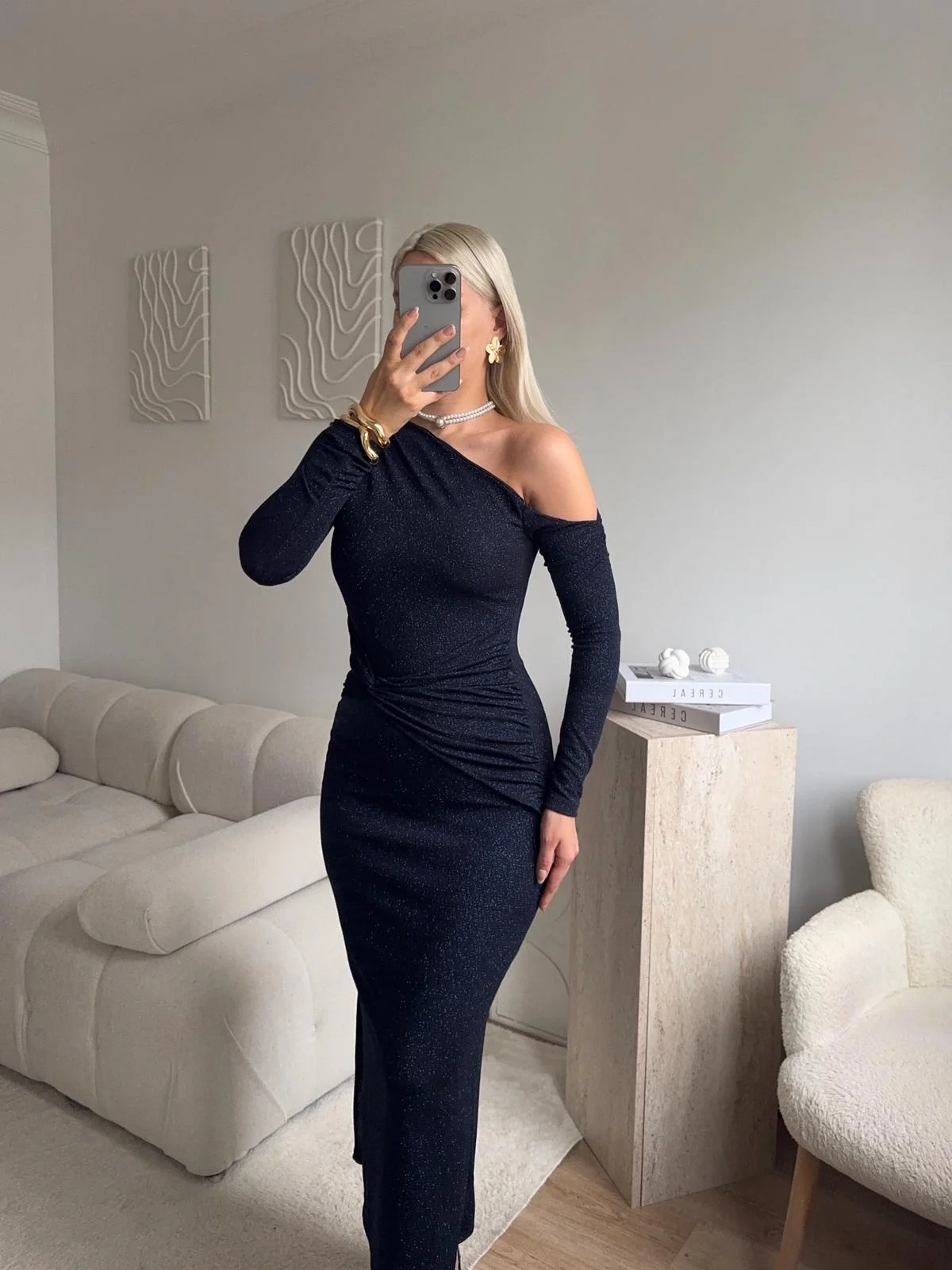 Tek Omuz Simli Drapeli Elbise- LACİVERT