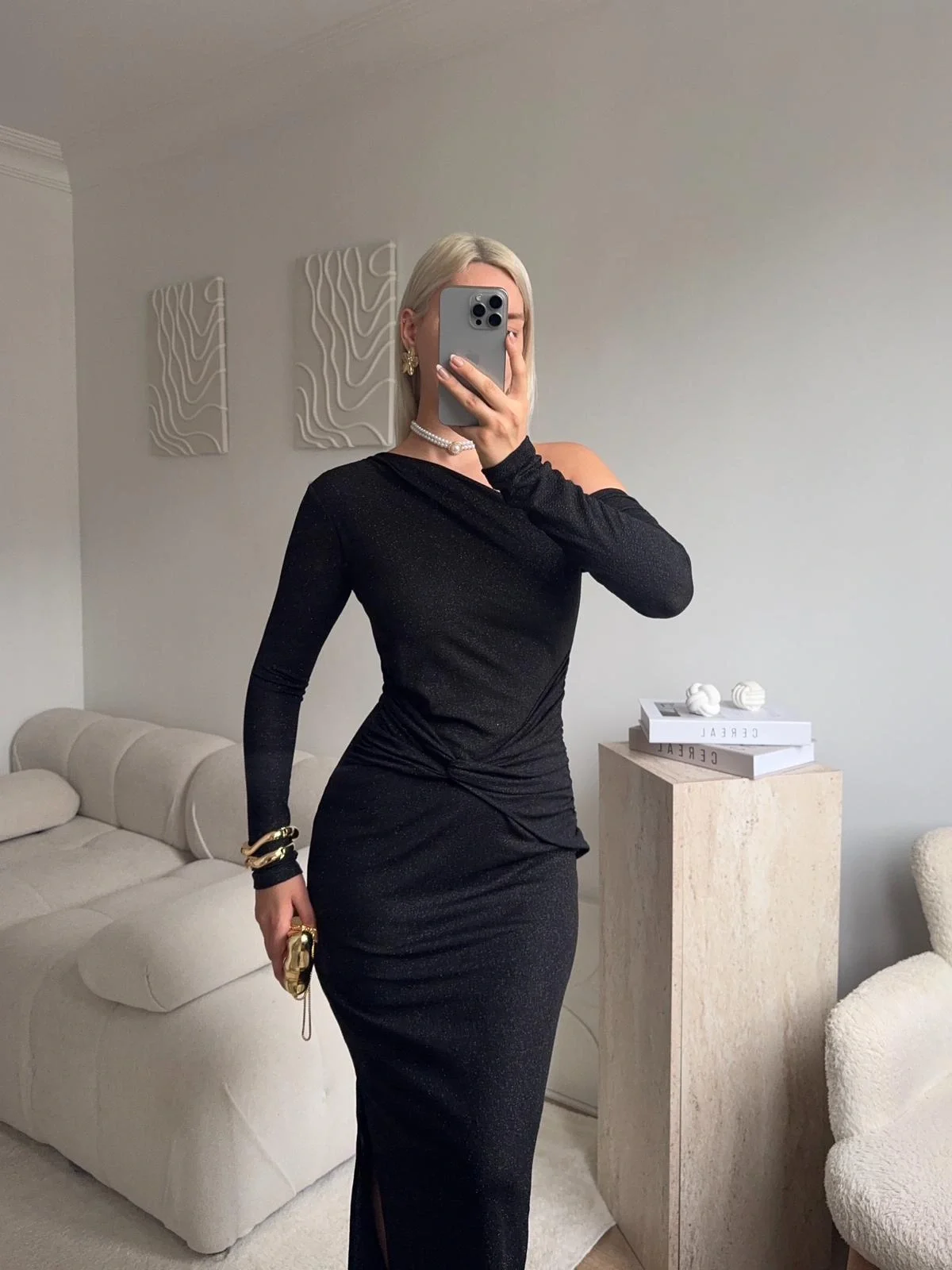 Tek Omuz Simli Drapeli Elbise- SİYAH