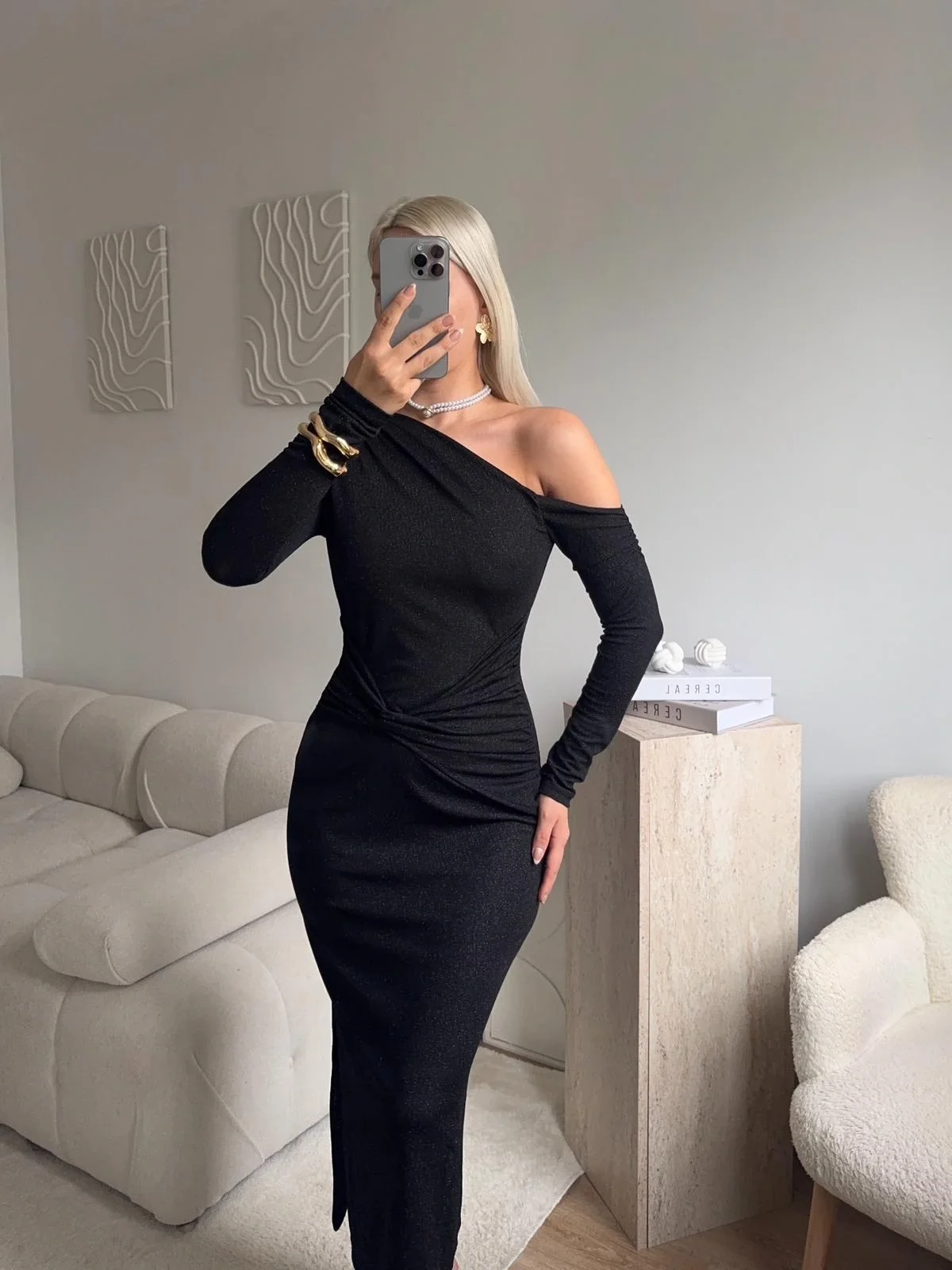 Tek Omuz Simli Drapeli Elbise- SİYAH