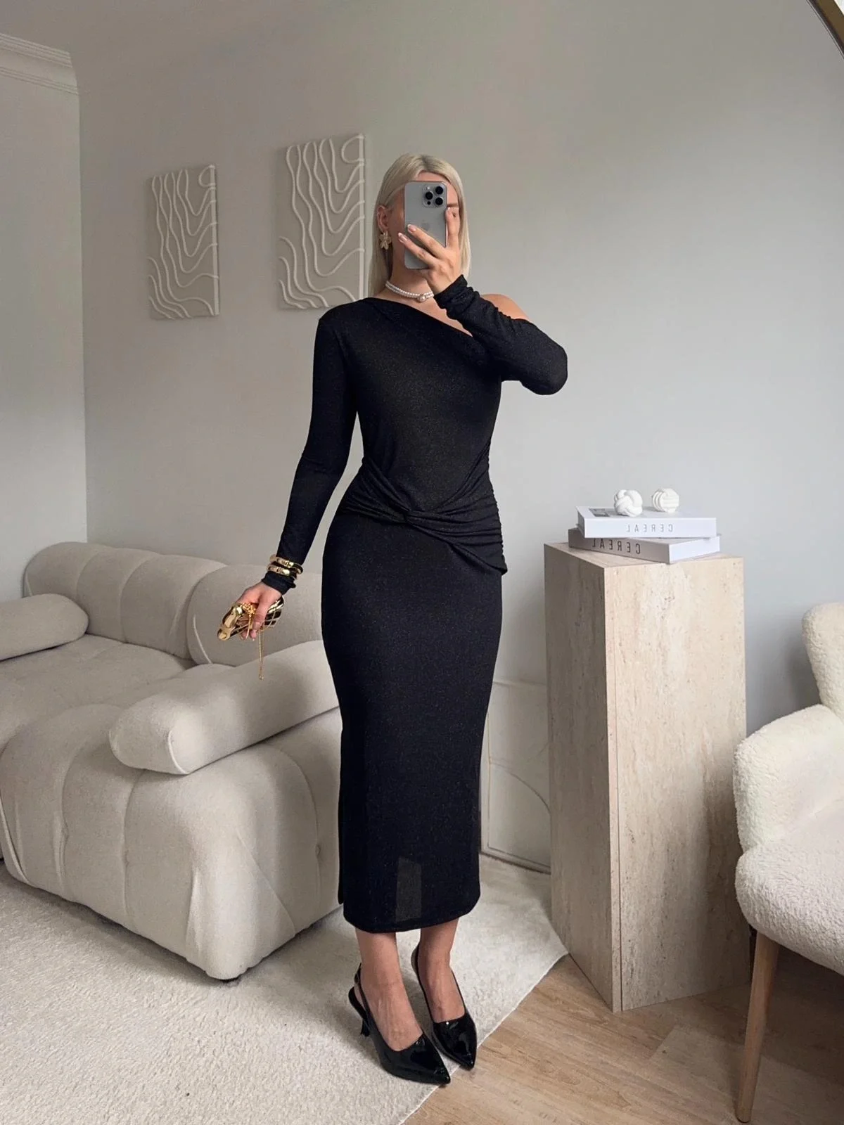 Tek Omuz Simli Drapeli Elbise- SİYAH