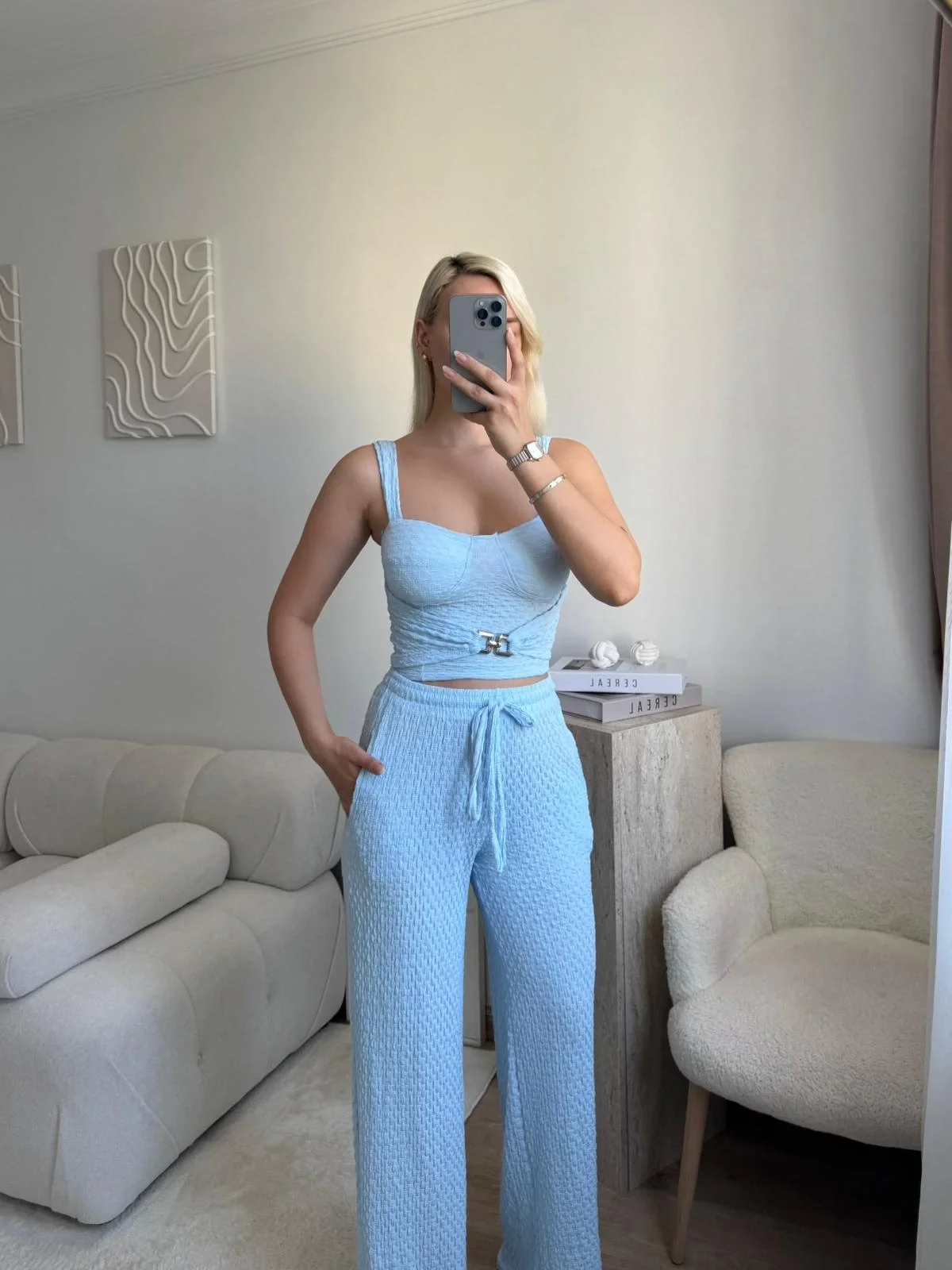 Tokalı Dokulu Kumaş İkili Takım- BEBE MAVİ