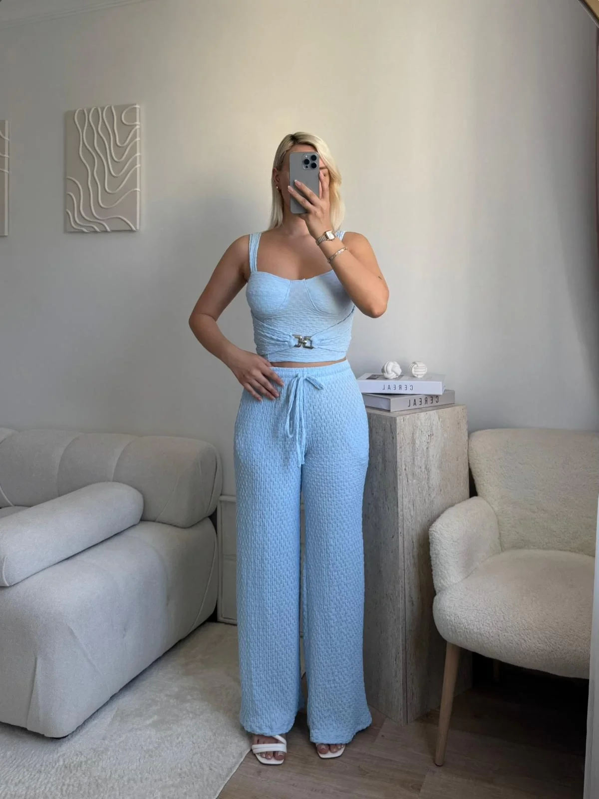 Tokalı Dokulu Kumaş İkili Takım- BEBE MAVİ