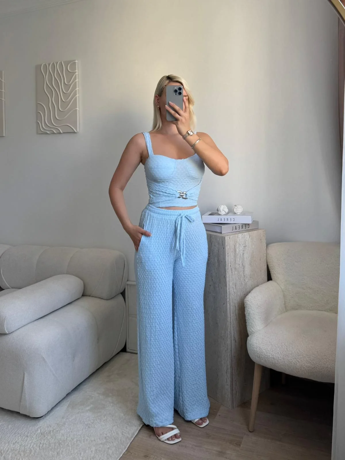 Tokalı Dokulu Kumaş İkili Takım- BEBE MAVİ