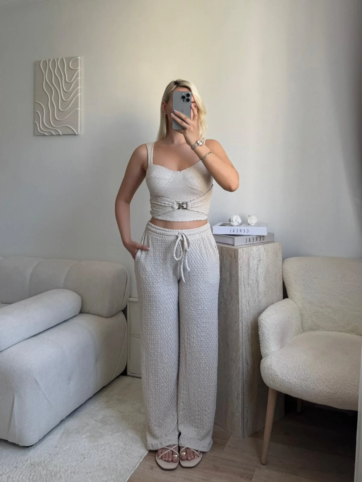 Tokalı Dokulu Kumaş İkili Takım- BEJ