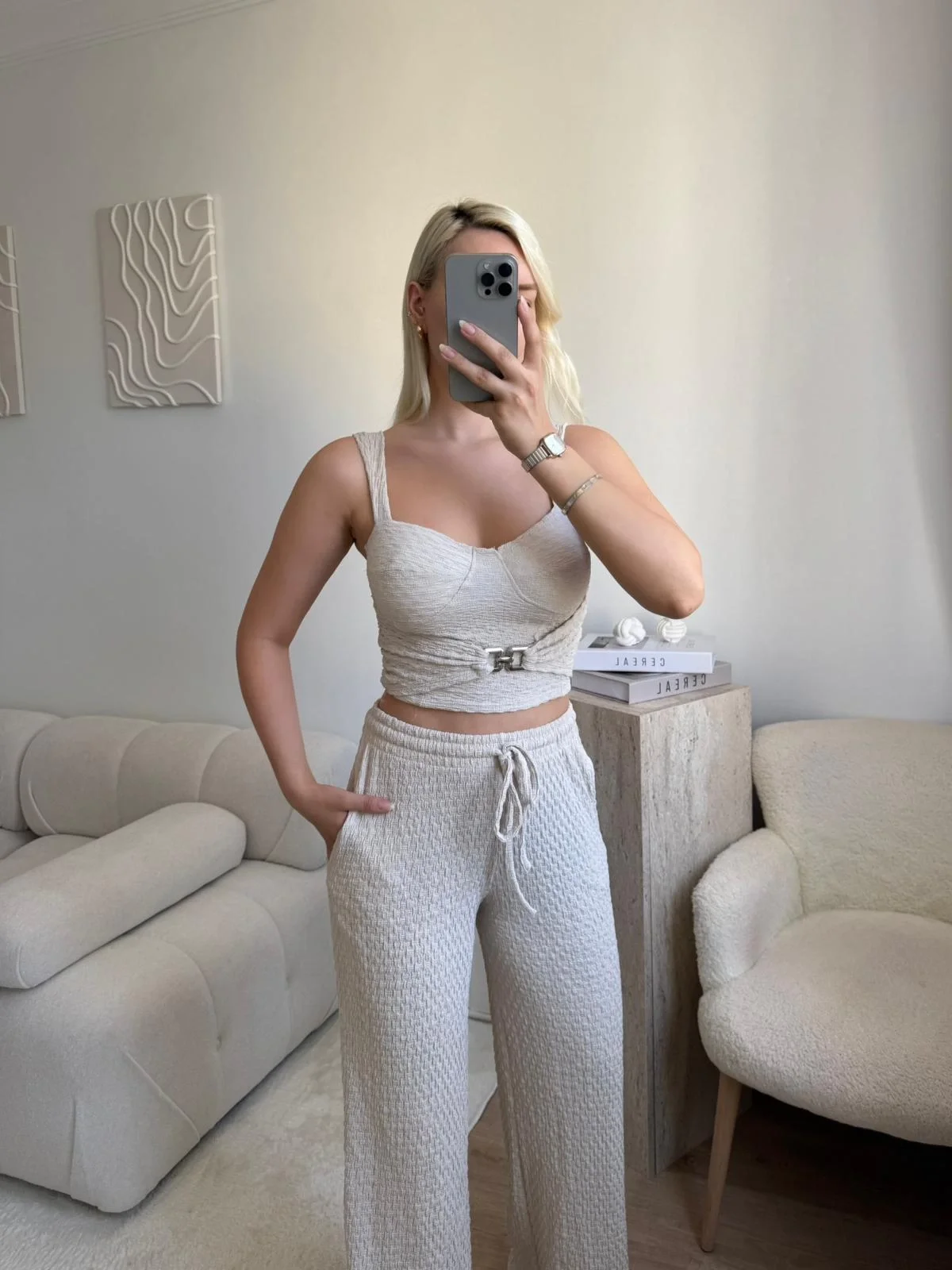 Tokalı Dokulu Kumaş İkili Takım- BEJ