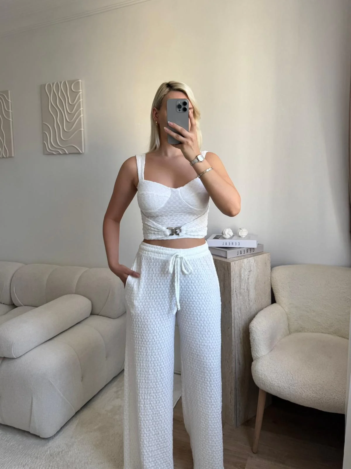 Tokalı Dokulu Kumaş İkili Takım- BEYAZ