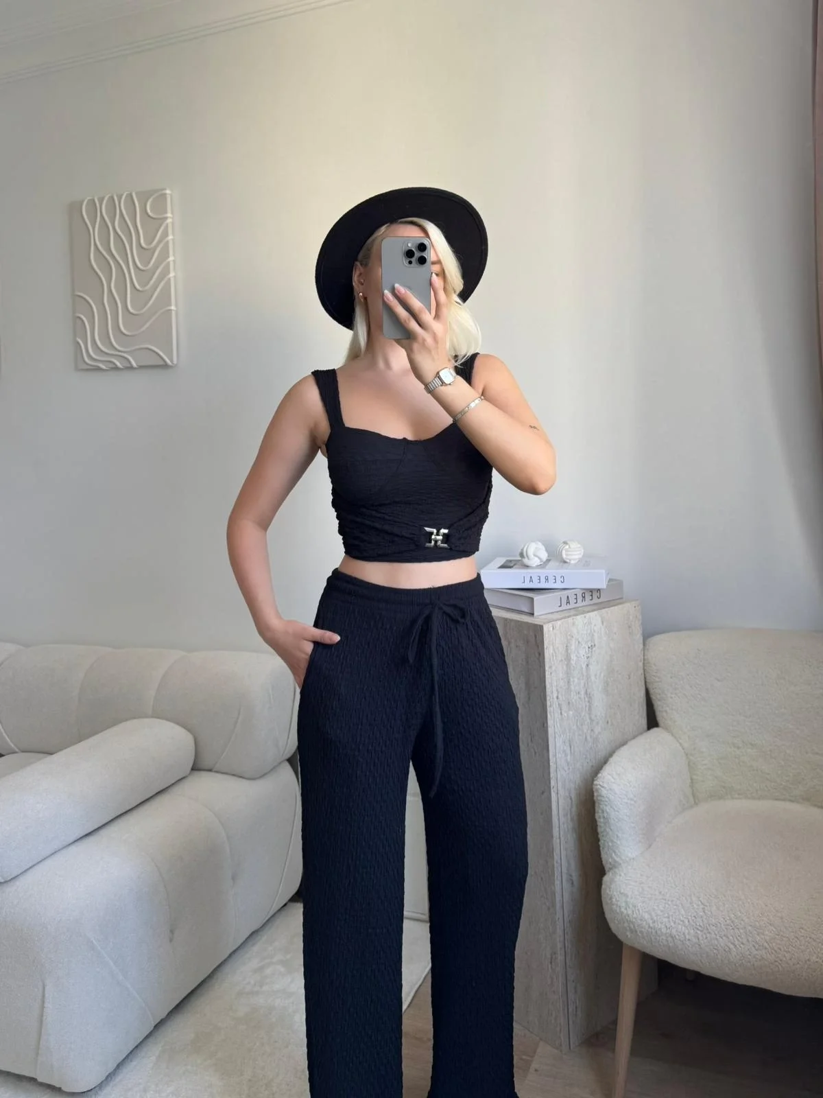 Tokalı Dokulu Kumaş İkili Takım- SİYAH