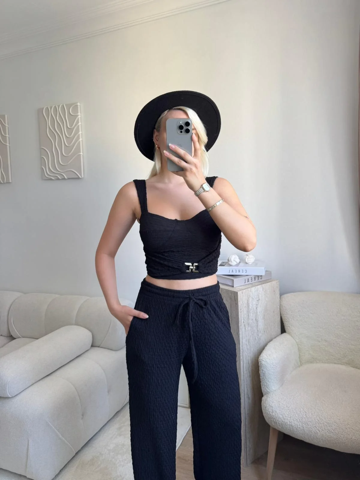 Tokalı Dokulu Kumaş İkili Takım- SİYAH