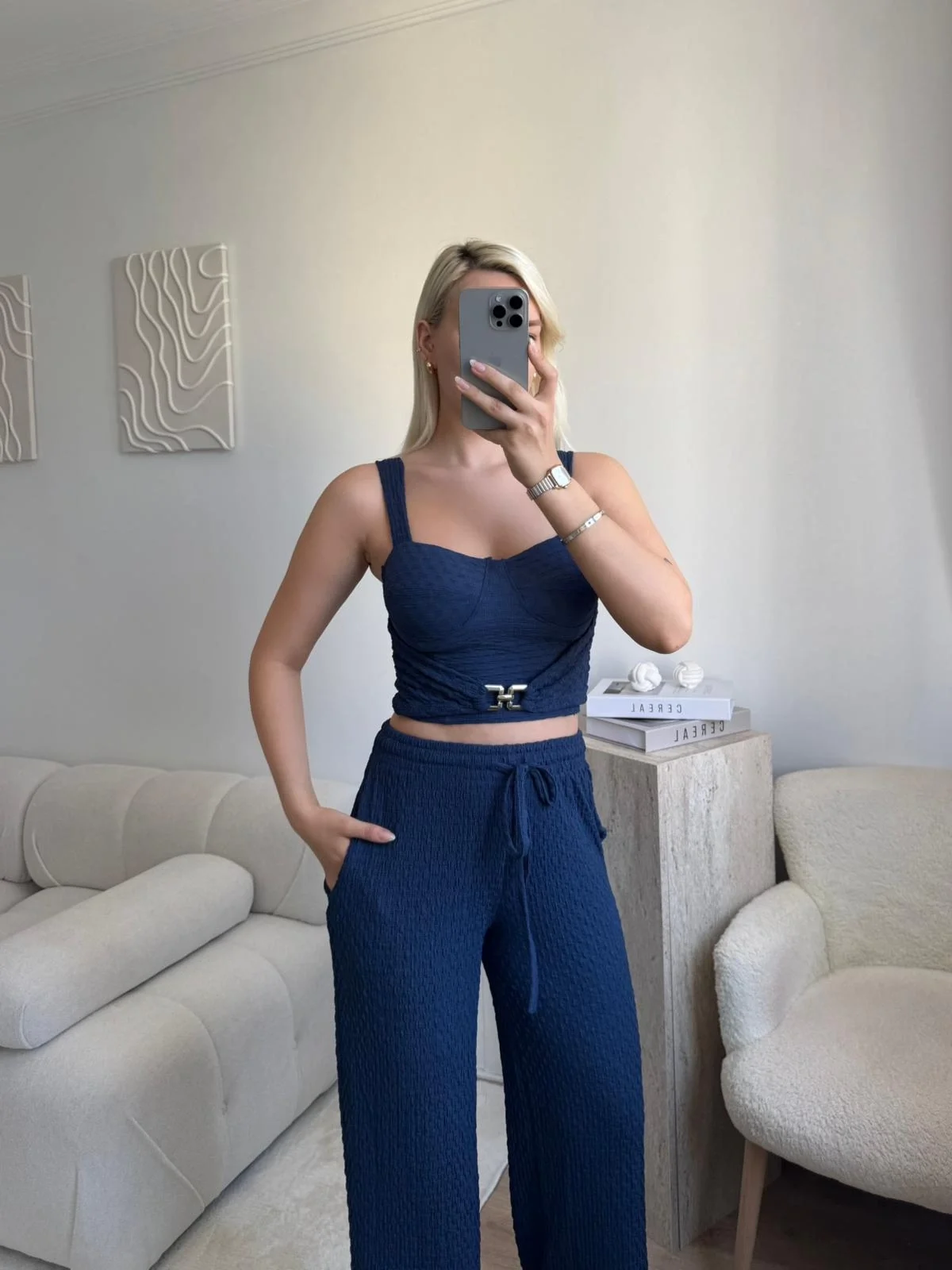 Tokalı Dokulu Kumaş İkili Takım- LACİVERT