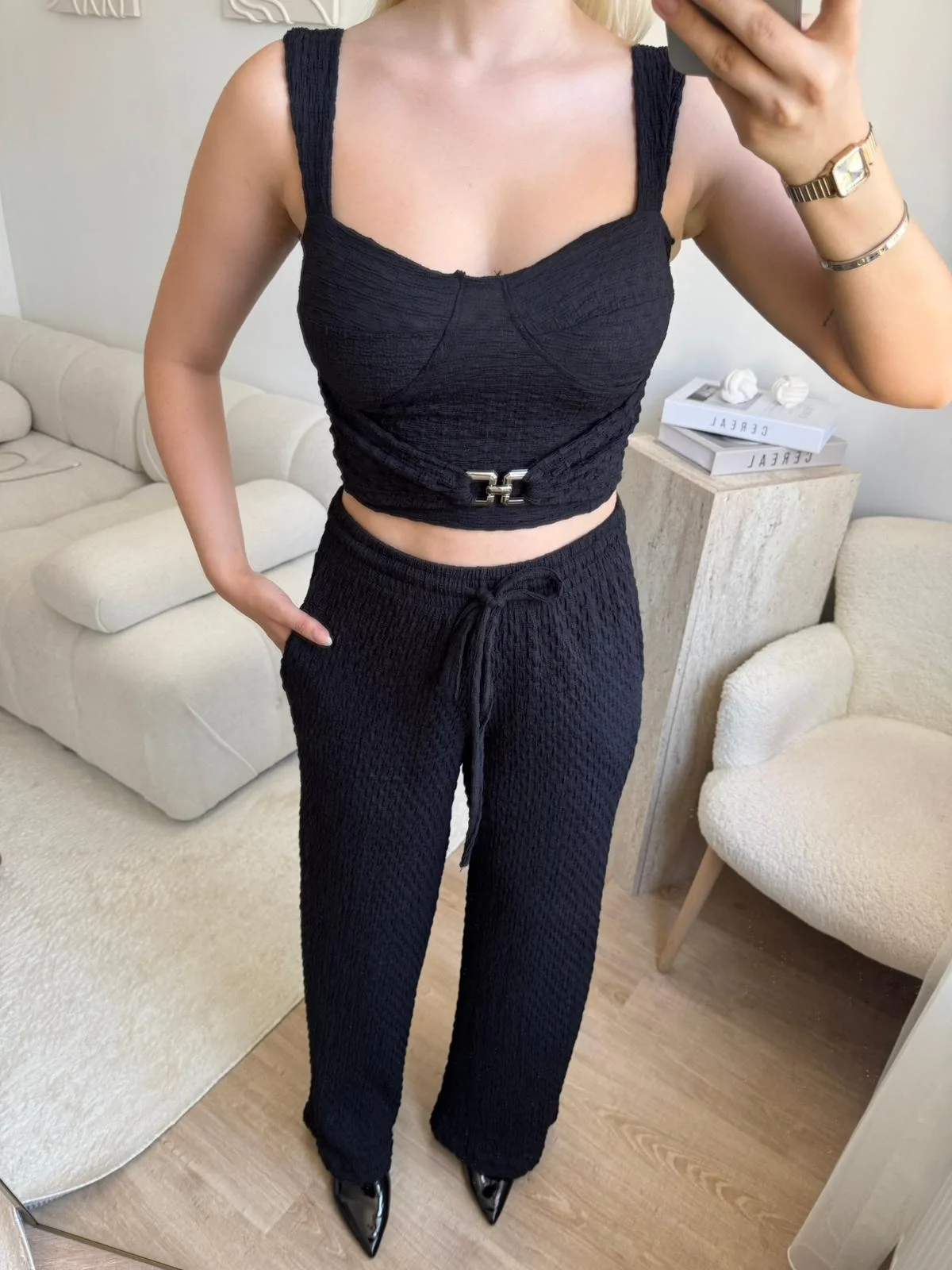 Tokalı Dokulu Kumaş İkili Takım- SİYAH