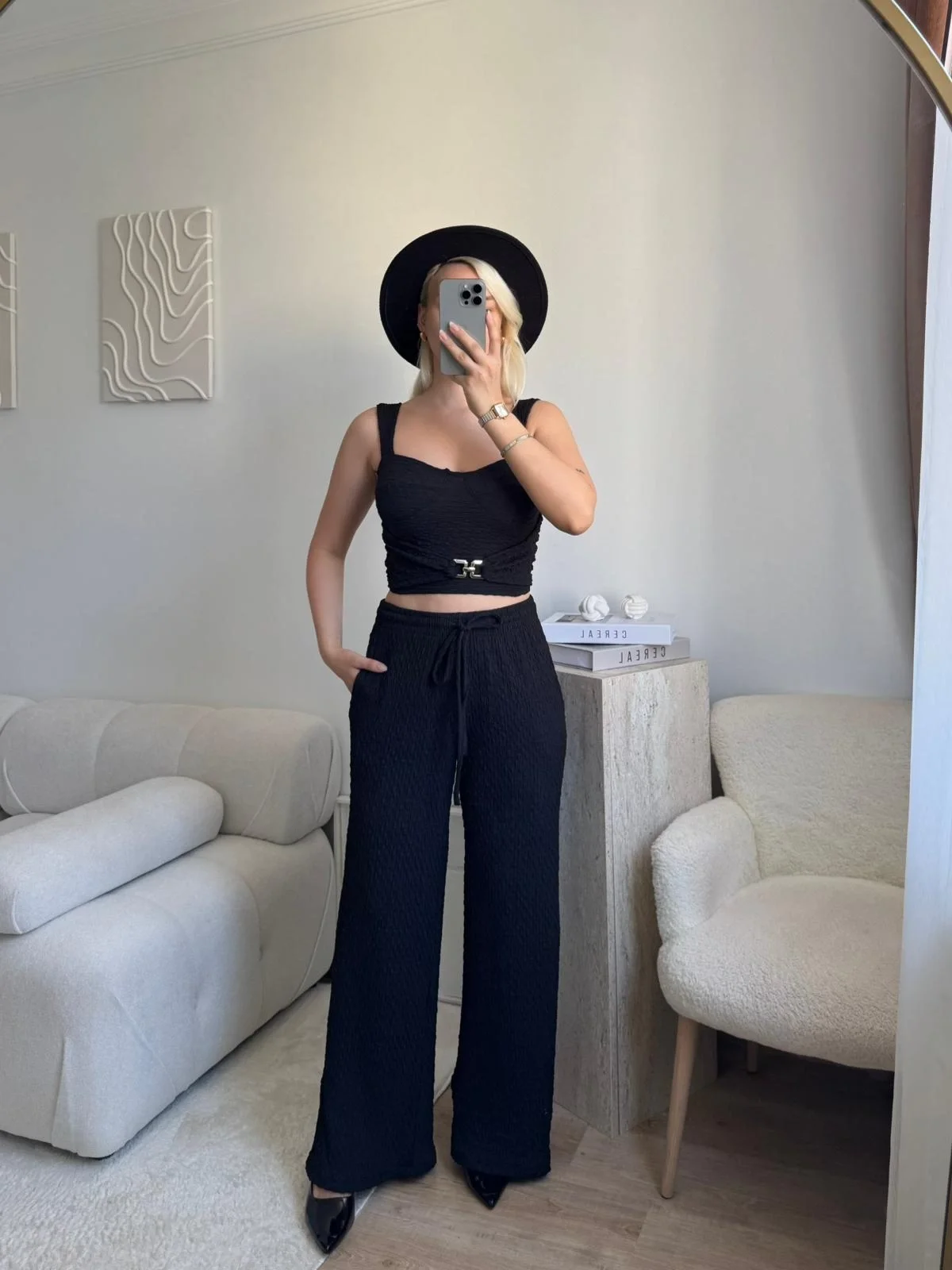 Tokalı Dokulu Kumaş İkili Takım- SİYAH