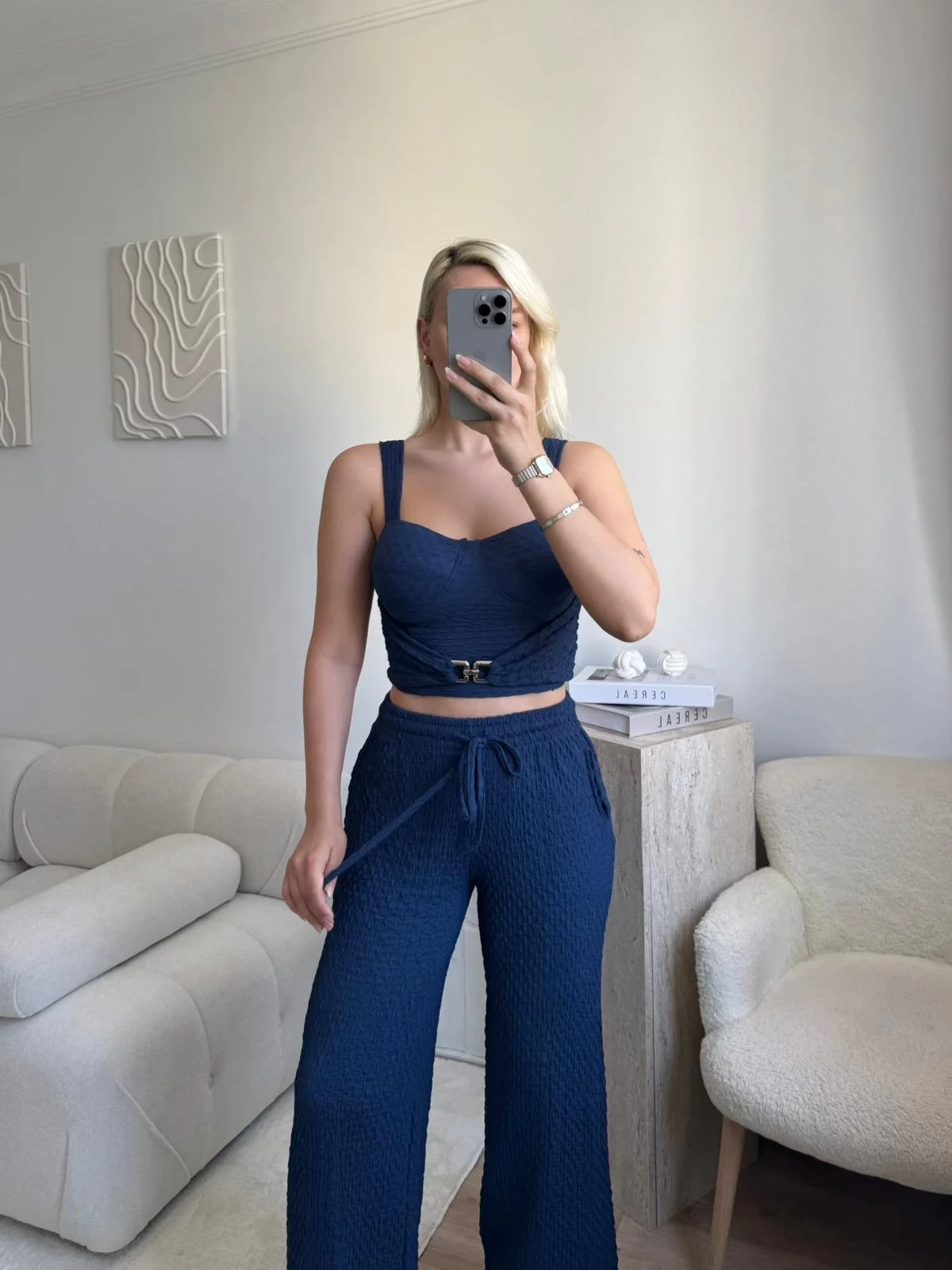 Tokalı Dokulu Kumaş İkili Takım- LACİVERT