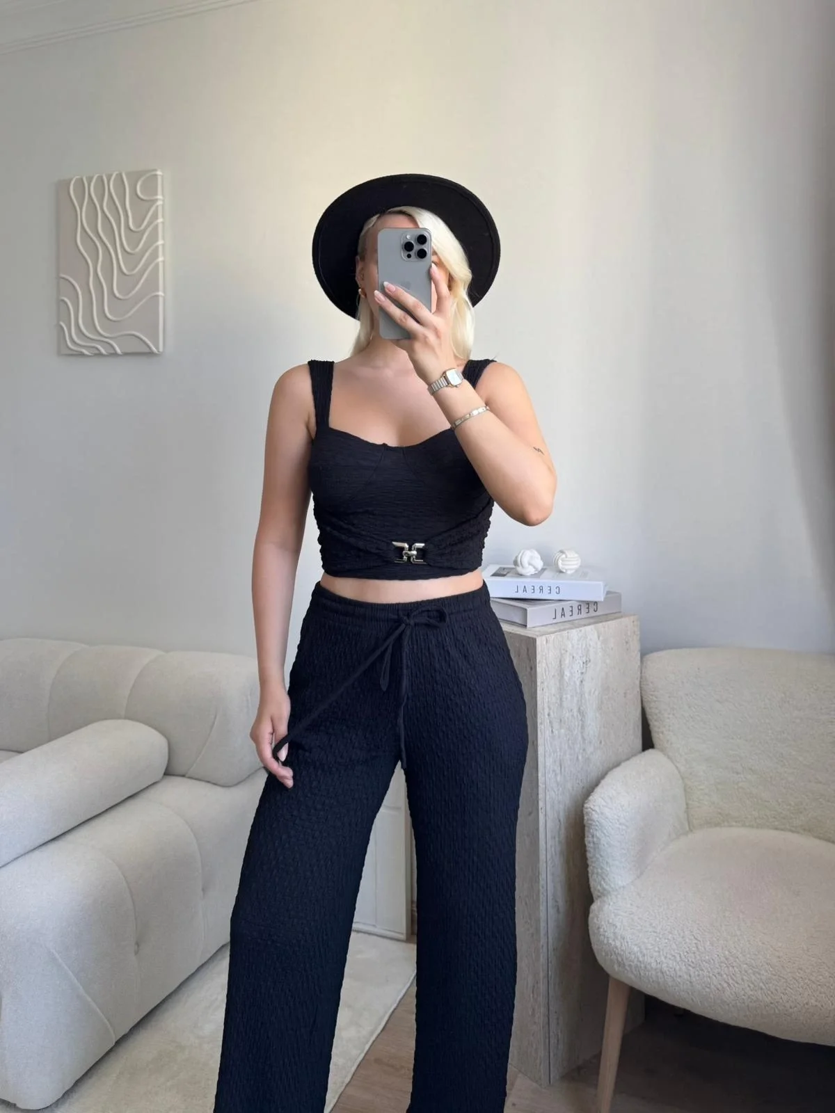 Tokalı Dokulu Kumaş İkili Takım- SİYAH