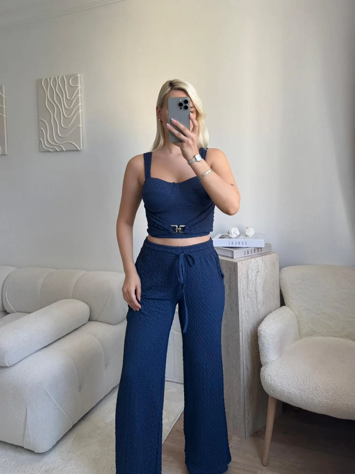 Tokalı Dokulu Kumaş İkili Takım- LACİVERT