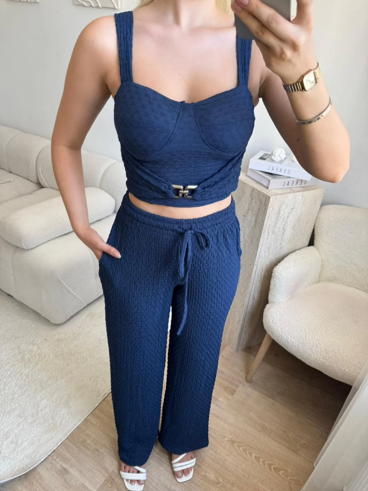 Tokalı Dokulu Kumaş İkili Takım- LACİVERT