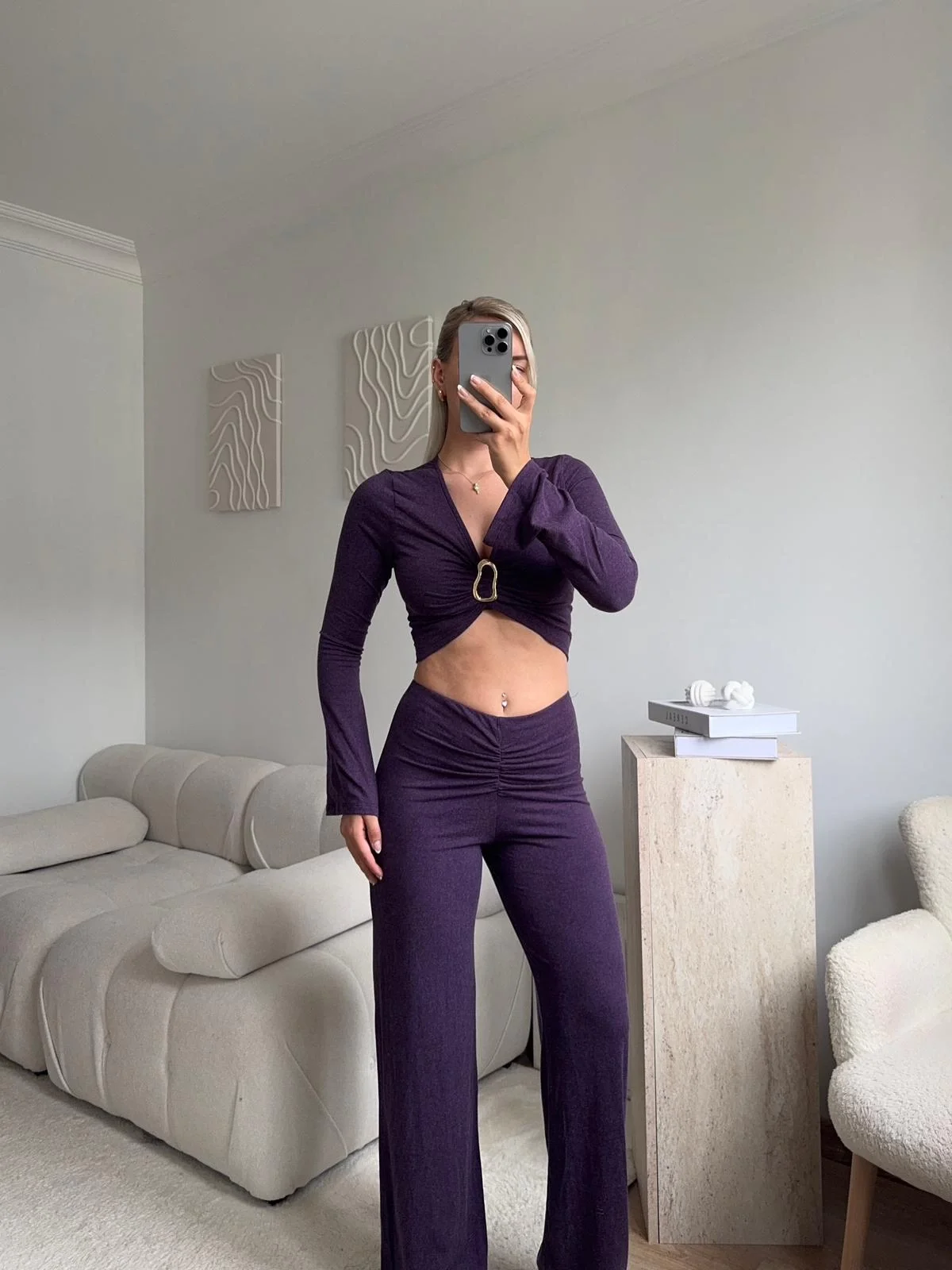 Tokalı Kruvaze Crop & Pantolon Takım - MOR