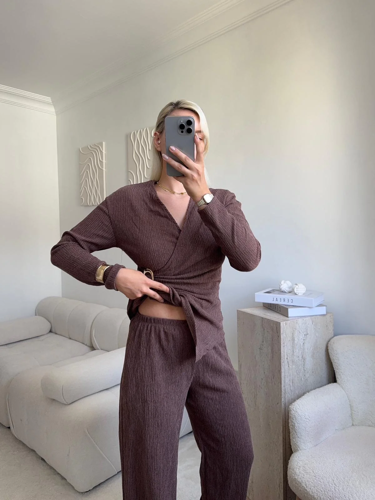 Tokalı Kruvaze Pantolon Takım - KAHVE