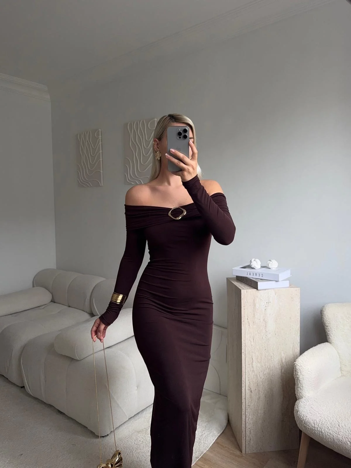 Tokalı Madonna Long Elbise - KAHVE