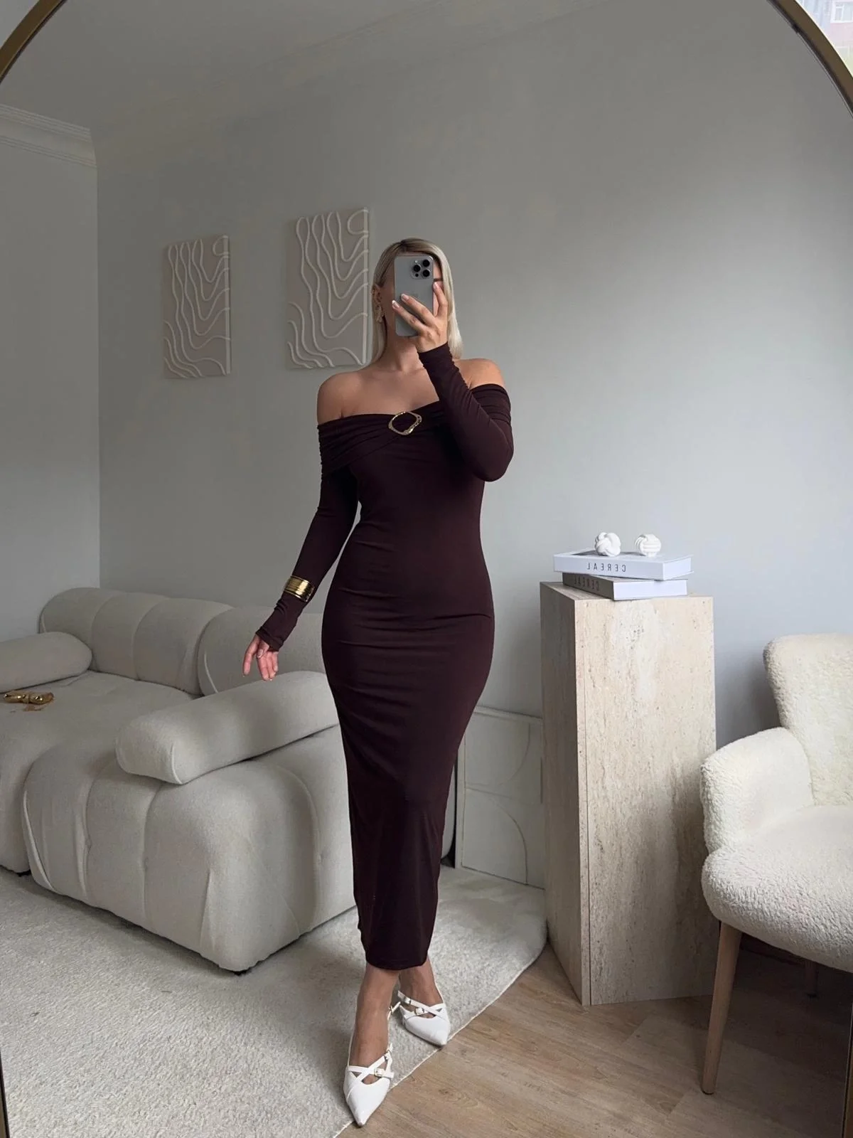 Tokalı Madonna Long Elbise - KAHVE