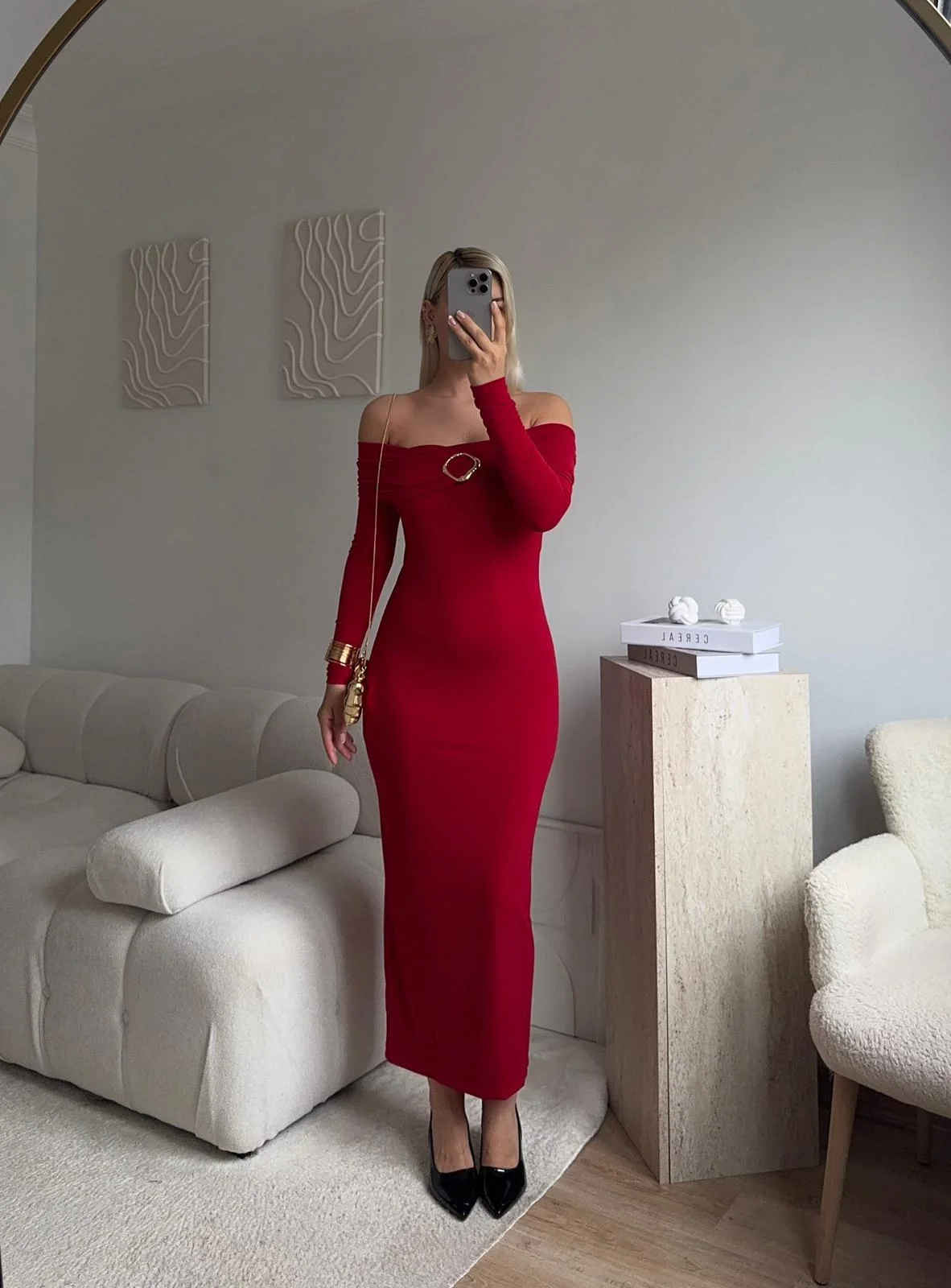 Tokalı Madonna Long Elbise - KIRMIZI