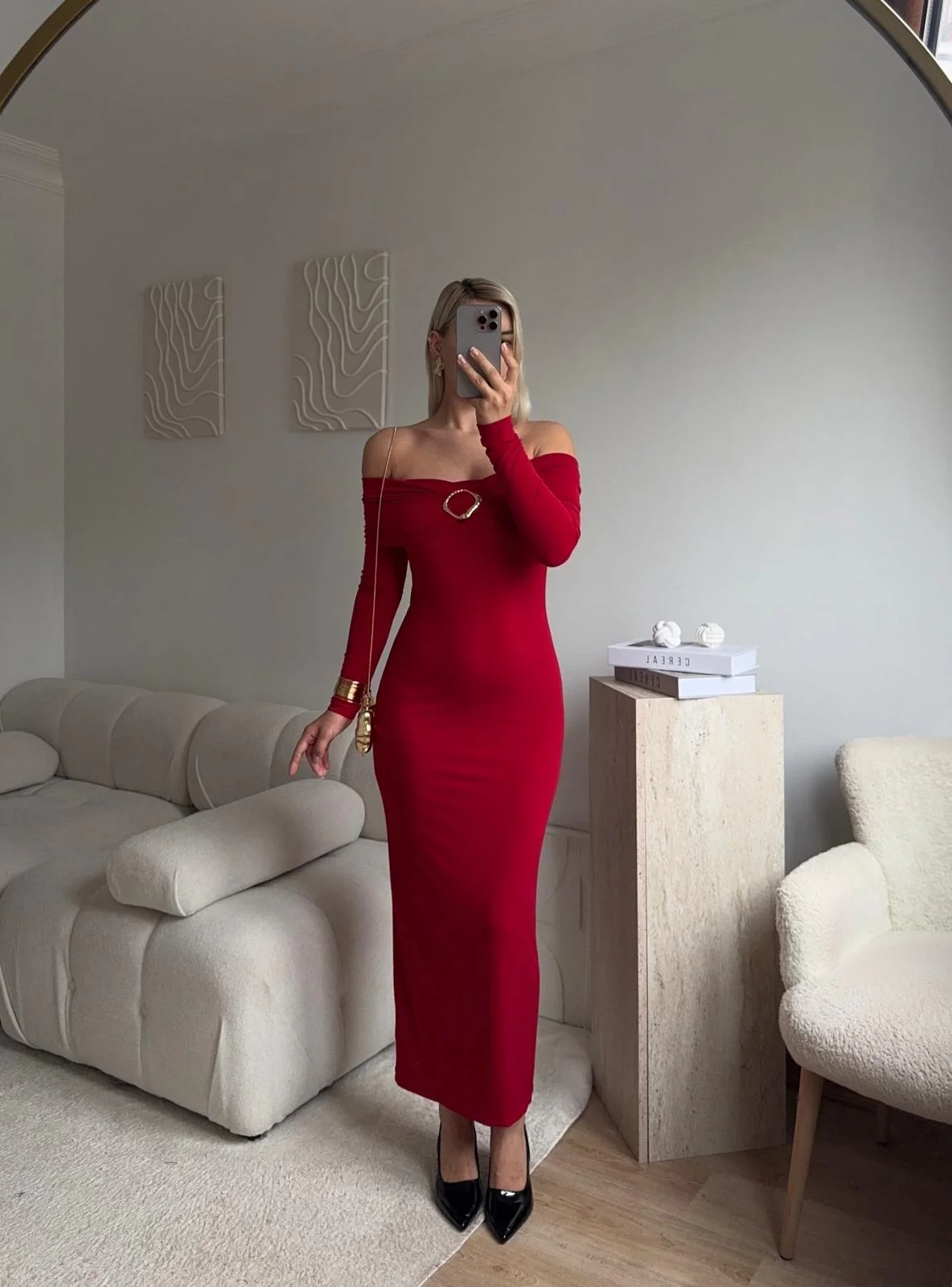 Tokalı Madonna Long Elbise - KIRMIZI