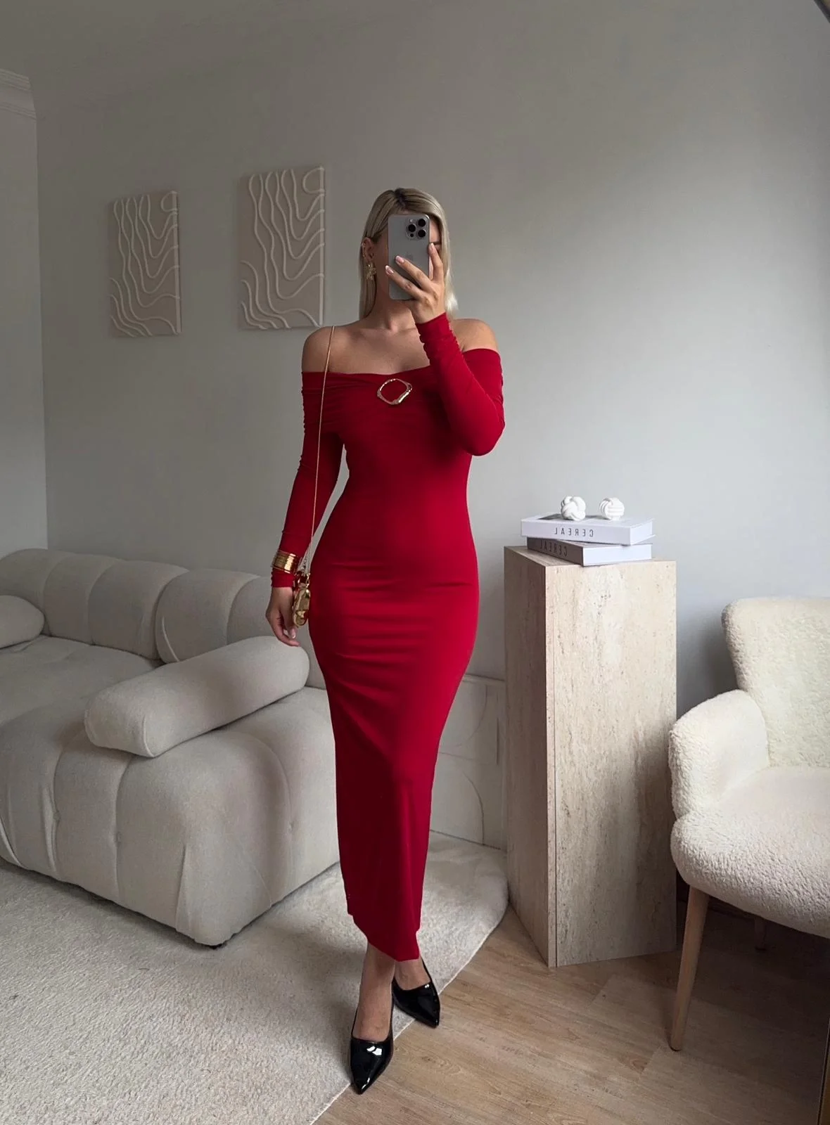 Tokalı Madonna Long Elbise - KIRMIZI