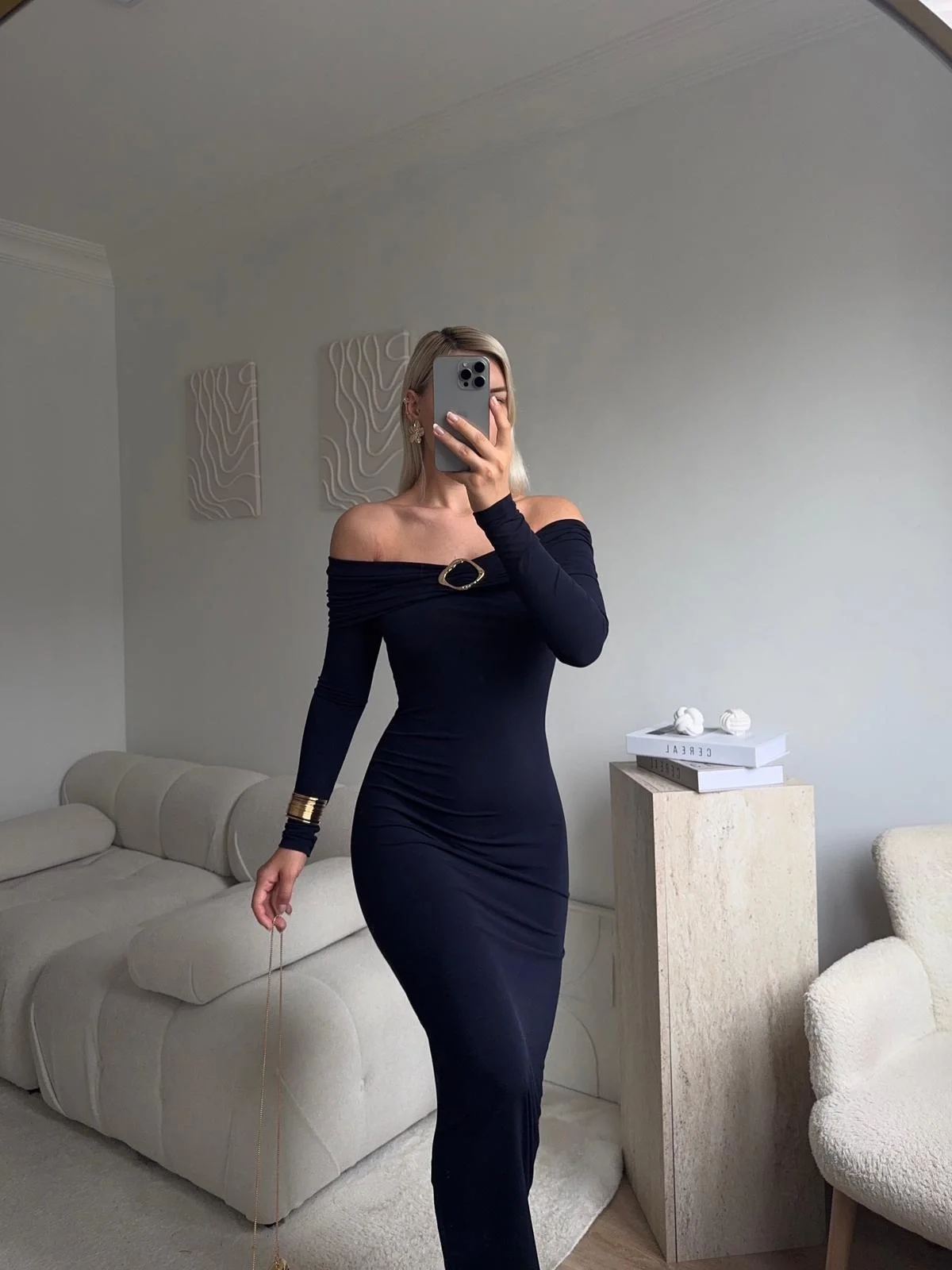 Tokalı Madonna Long Elbise - LACİVERT