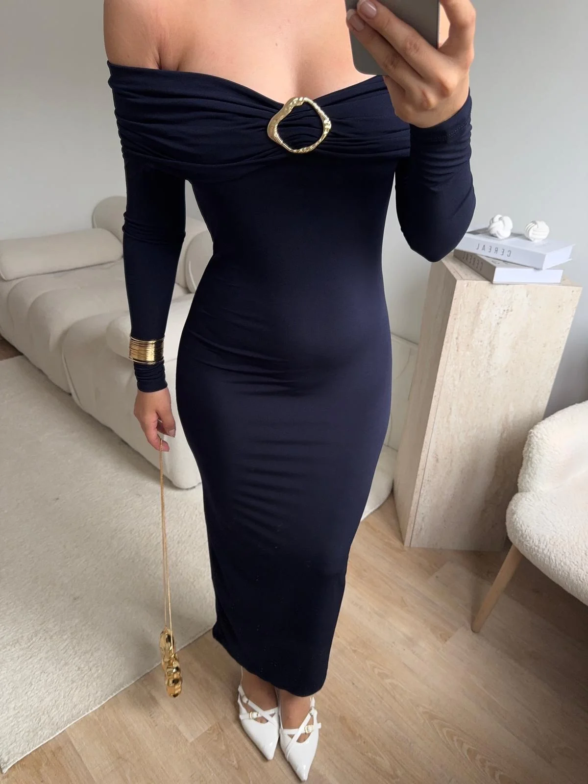 Tokalı Madonna Long Elbise - LACİVERT