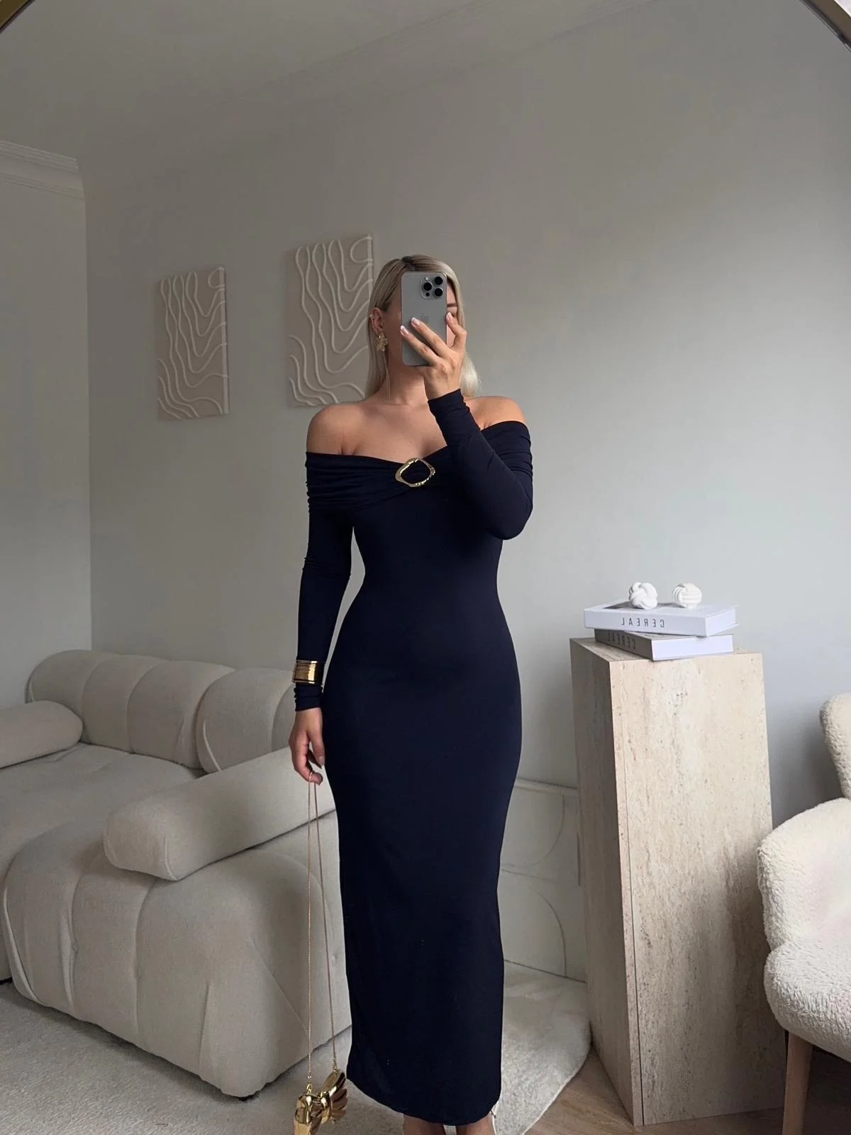 Tokalı Madonna Long Elbise - LACİVERT