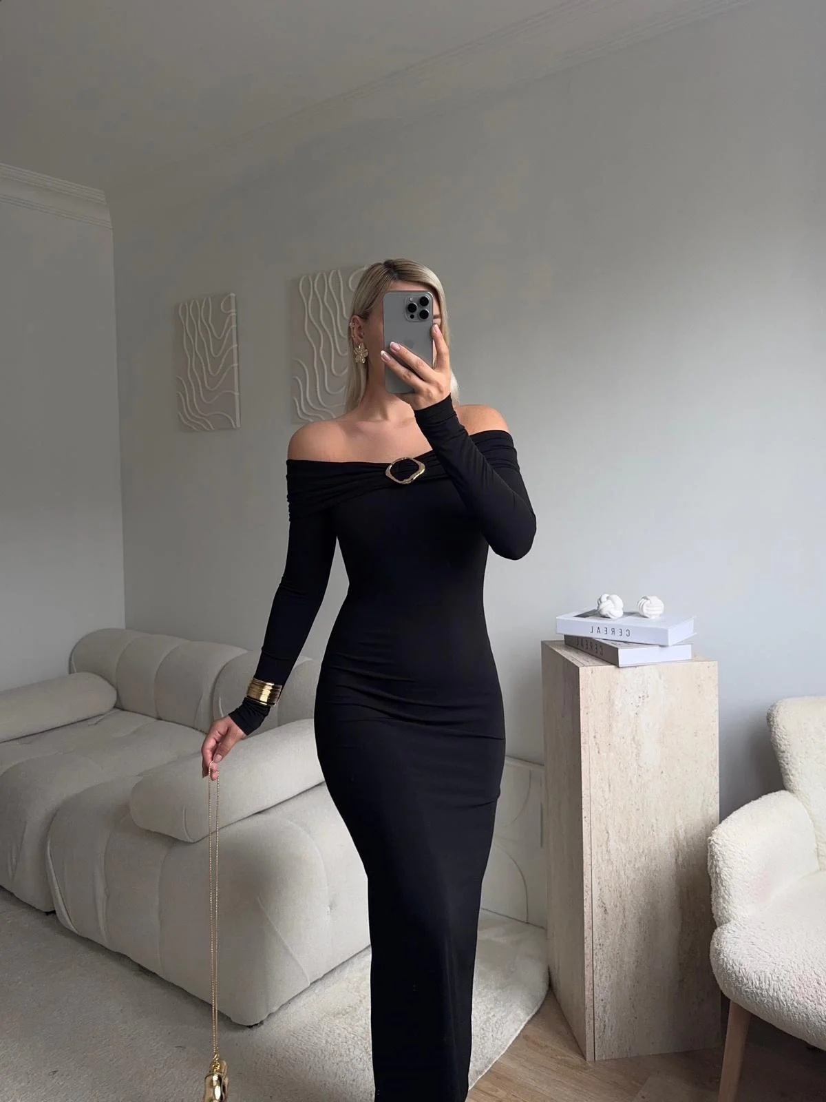 Tokalı Madonna Long Elbise - SİYAH