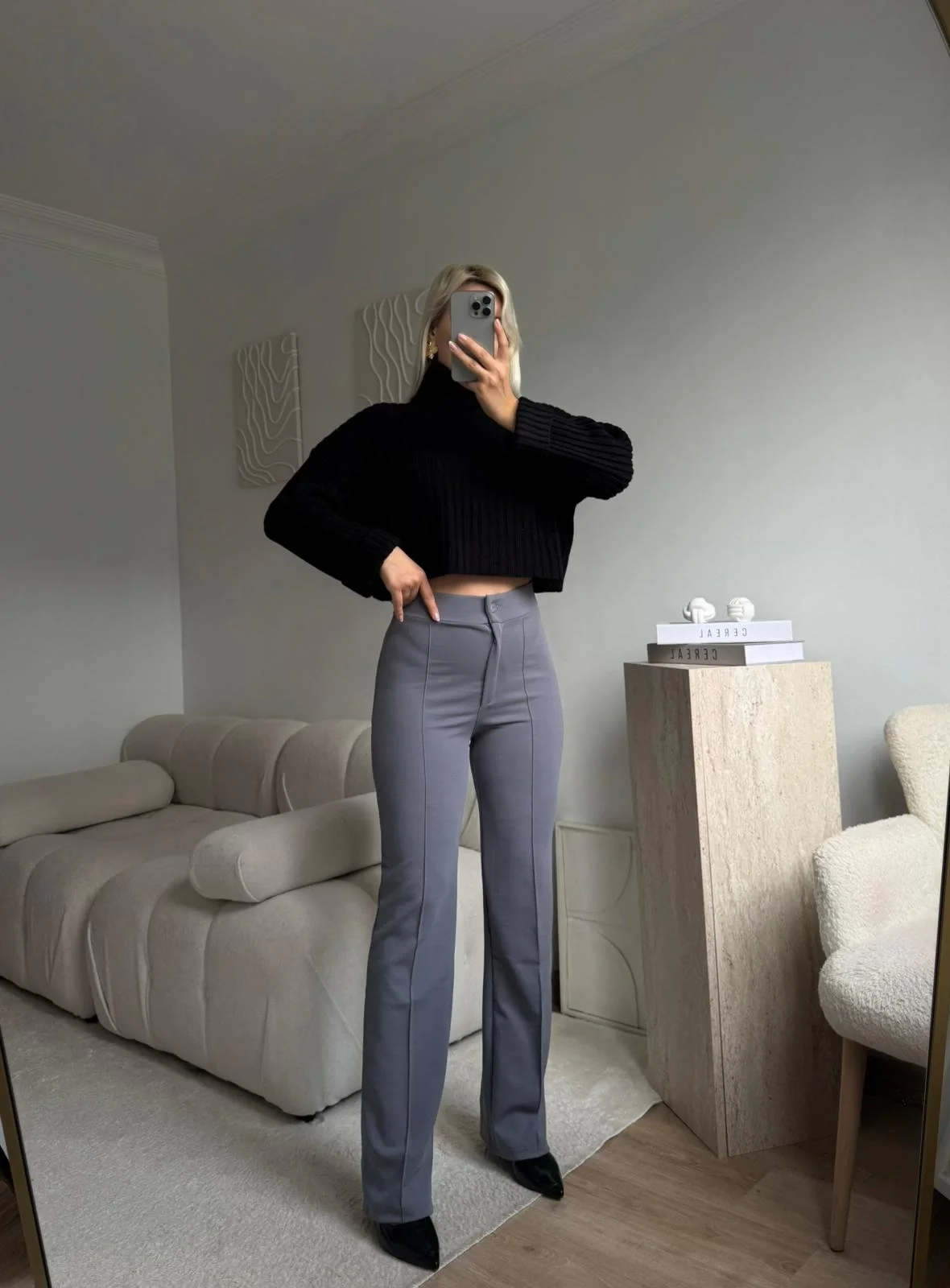 Toparlayıcı Dikişli Palazzo Pantolon - GRİ