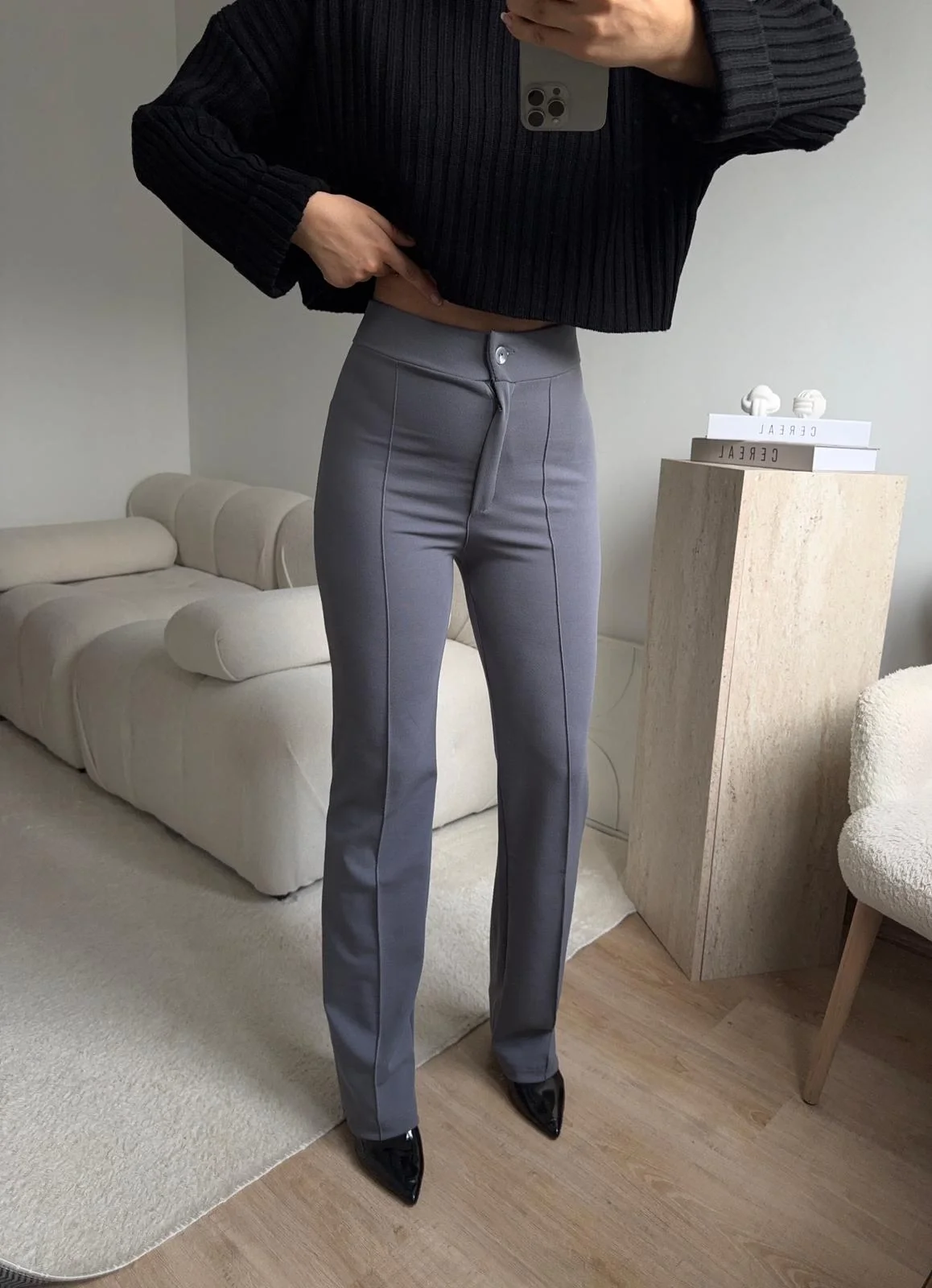 Toparlayıcı Dikişli Palazzo Pantolon - GRİ