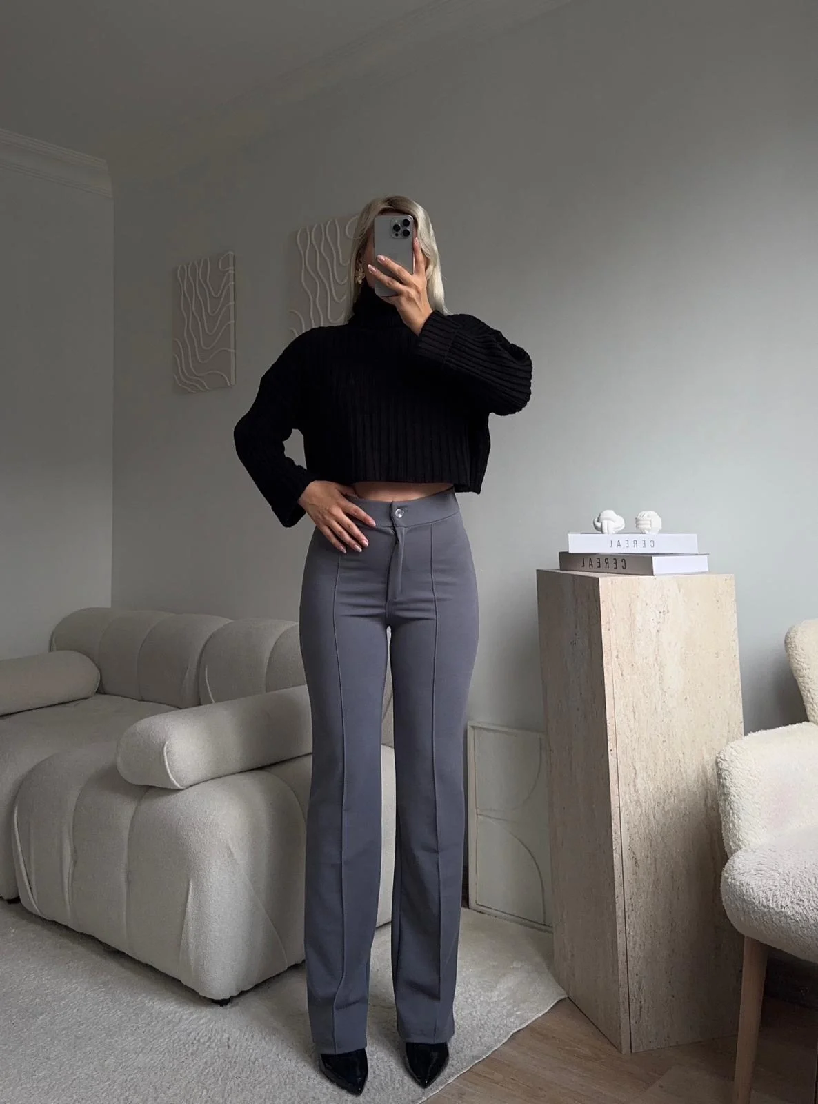 Toparlayıcı Dikişli Palazzo Pantolon - GRİ